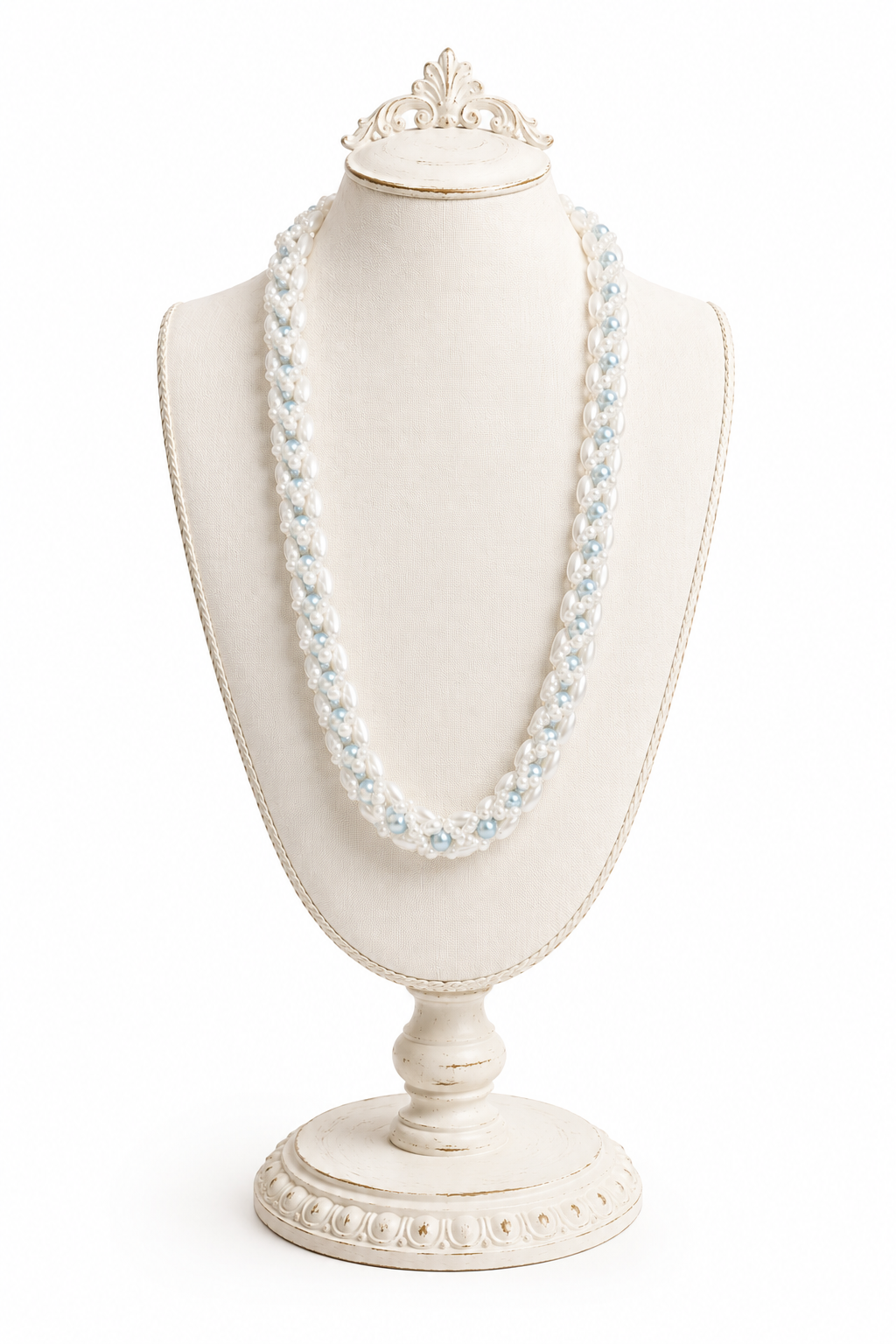 Vintage Mid-Century White & Baby Blue Pearl Beaded Necklace | 1950s Long Statement Necklace | 34” Pearl Necklace