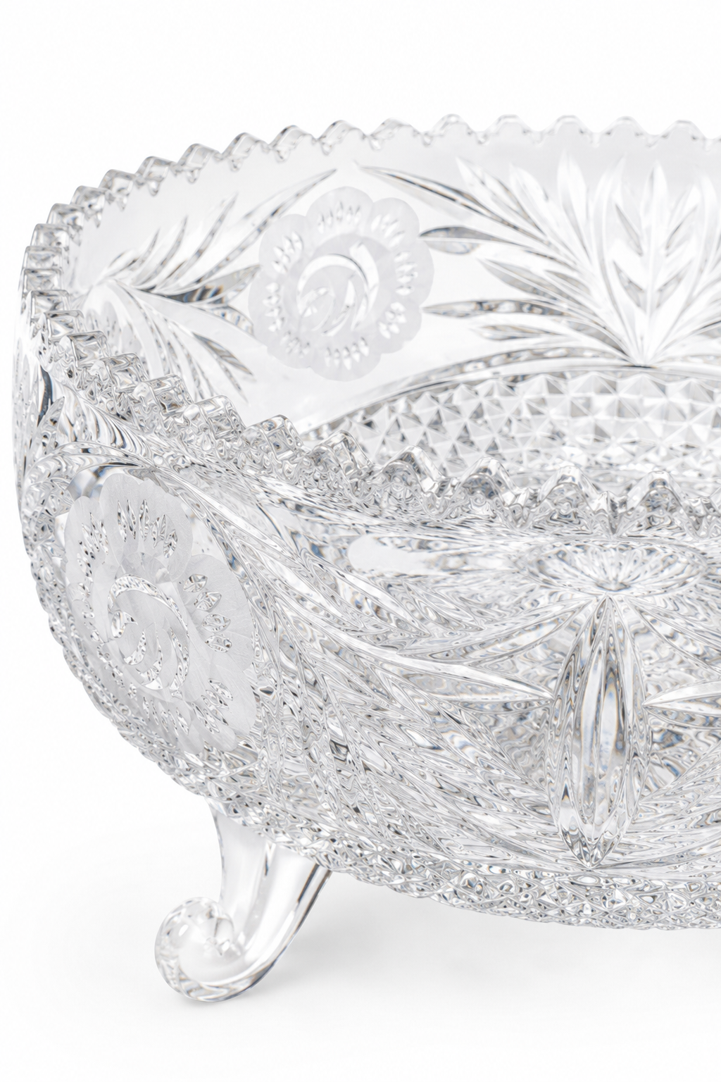 Vintage 1970s Cut Crystal Footed Centerpiece Bowl | Frosted Rose Etched Lead Crystal | Sawtooth Rim Pedestal Bowl | Elegant Vintage Crystal Decor