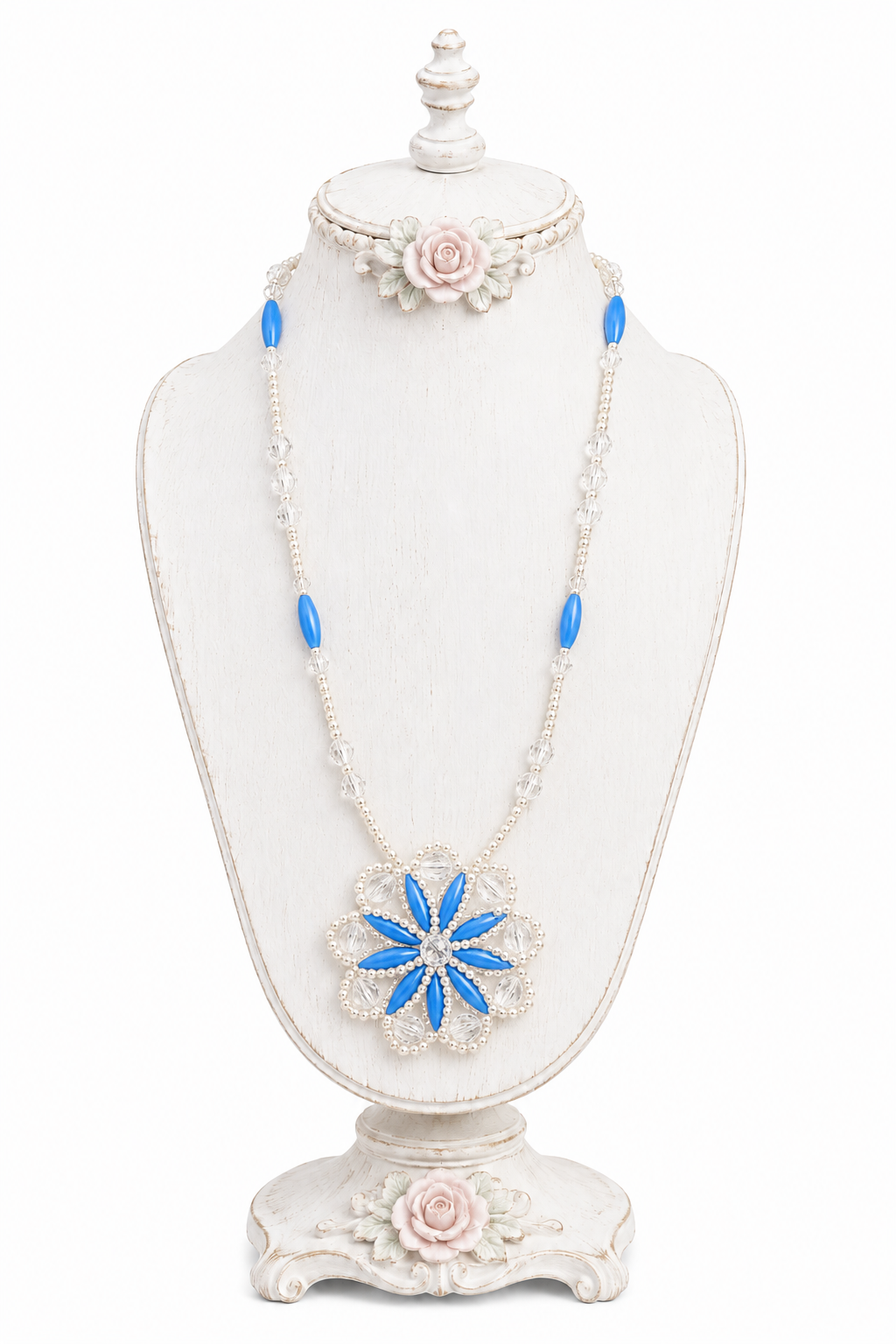 1970s Vintage Blue & Crystal Beaded Pendant Necklace | Floral Statement Necklace | 26” Long