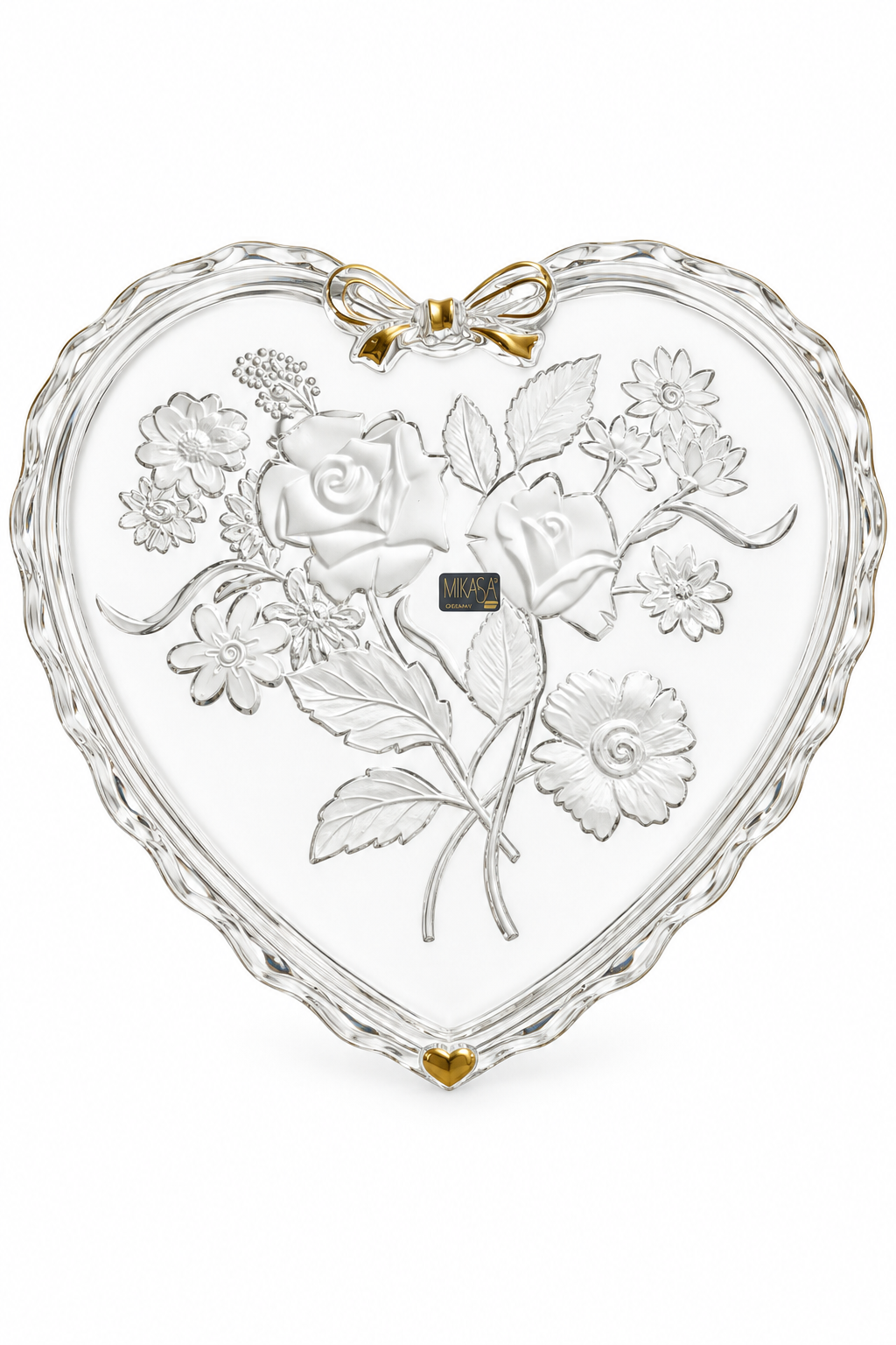 Rare Vintage Mikasa Crystal Rose “Golden Bouquet” Heart Cake Plate & Vanity Display Tray