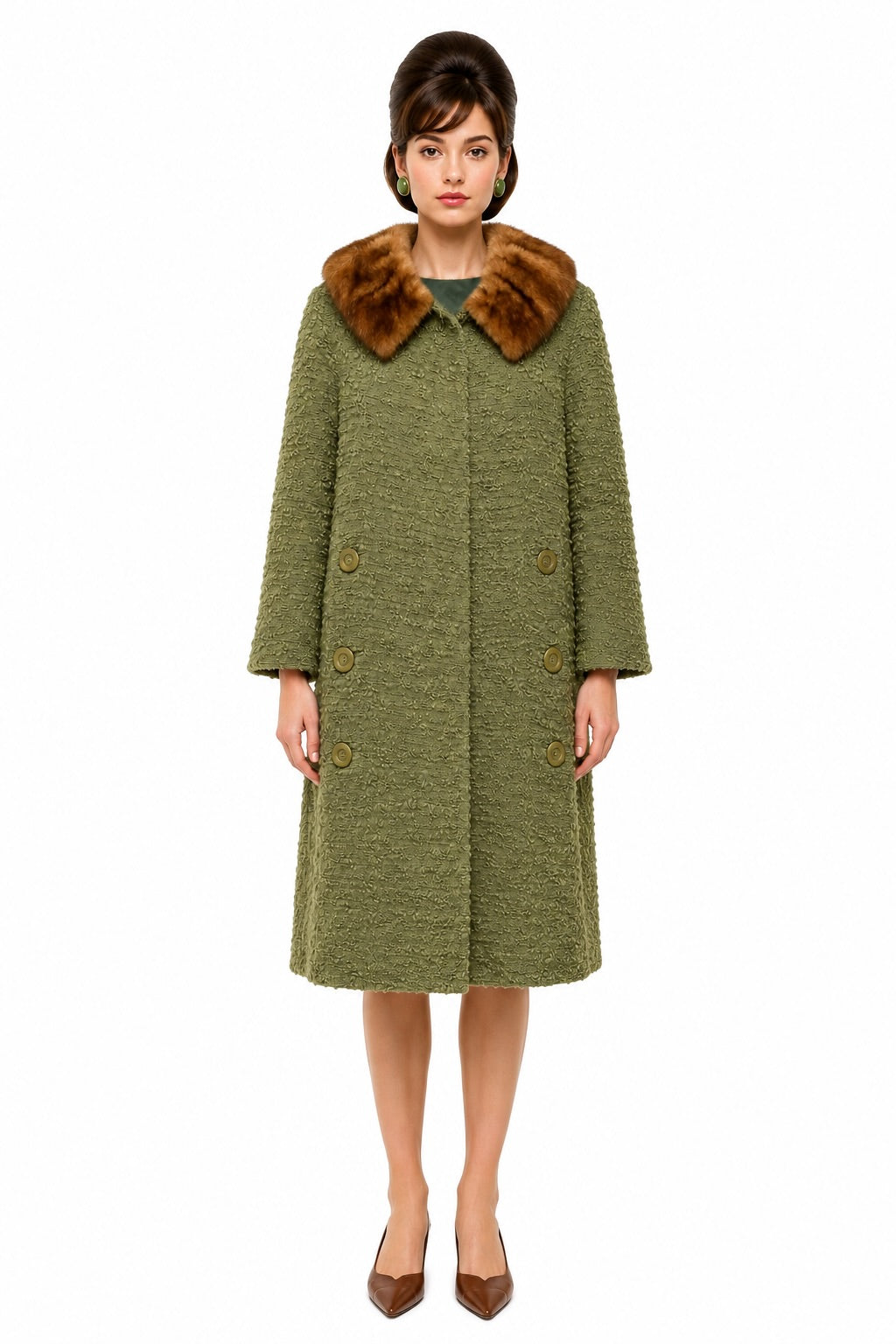 1950s–1960s Vintage Olive Green Coat with Genuine Mink Fur Collar – Made in USA | Est. S/M