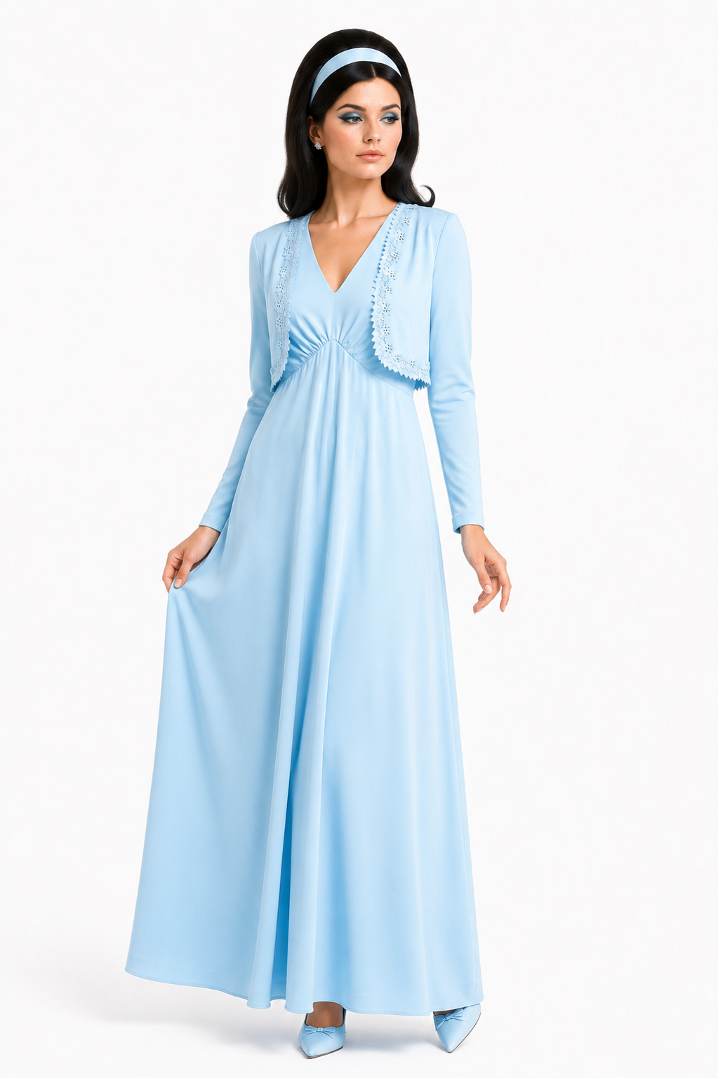 Vintage 1960s/1970s Powder Blue Maxi Dress Set with Matching Jacket | Mod Formal Gown | Size 6