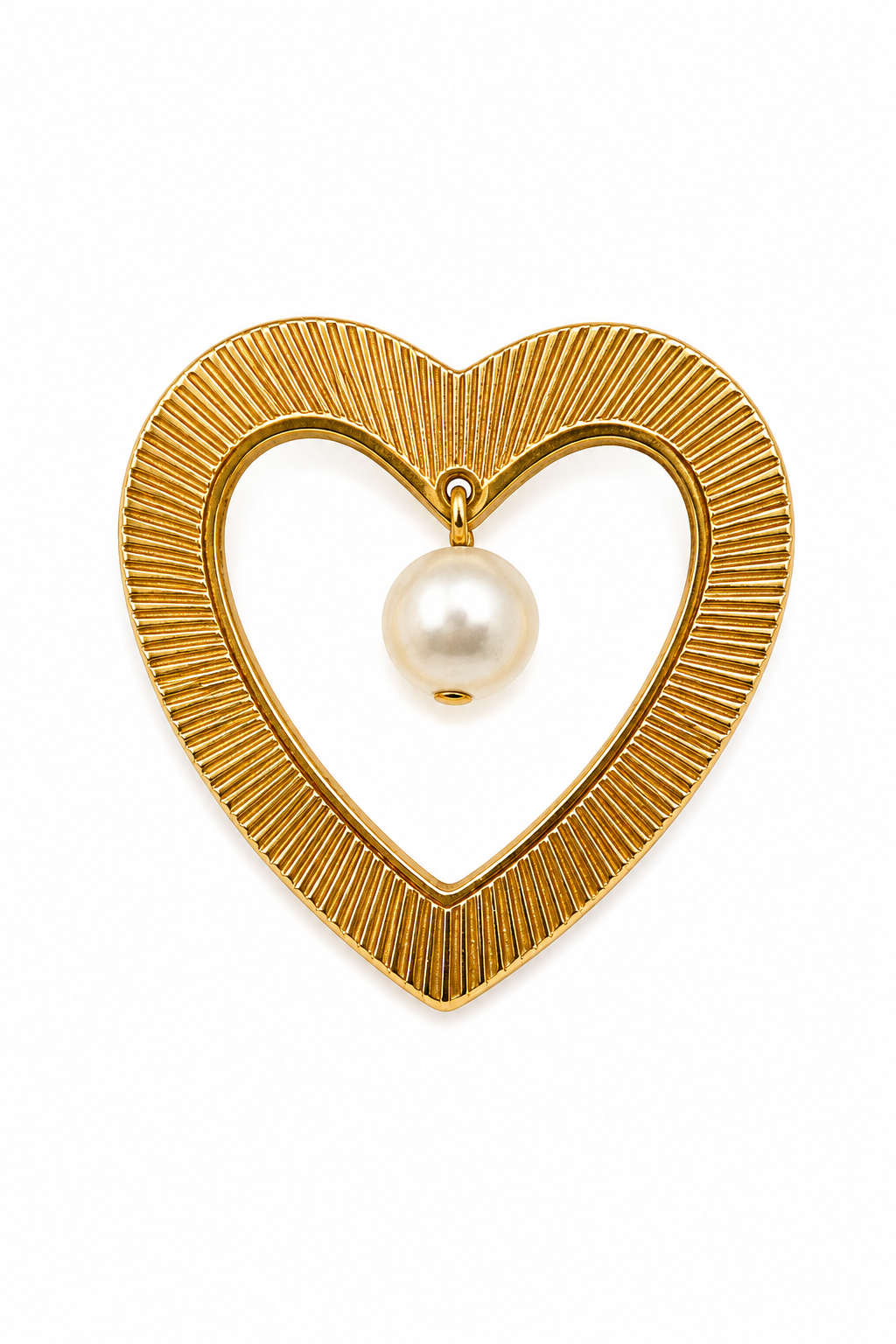 Vintage 1970s Gold-Tone Open Heart Brooch with Faux Pearl Dangle Pin