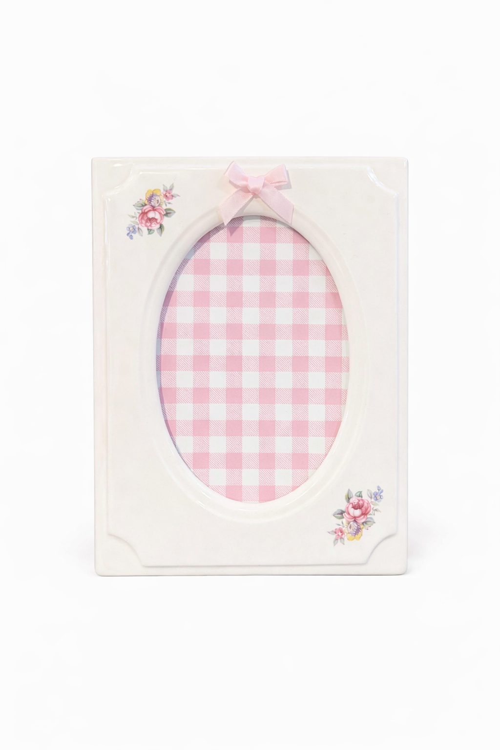 Vintage Floral Porcelain Picture Frame with Pink Bow | Romantic Cottage Display Frame