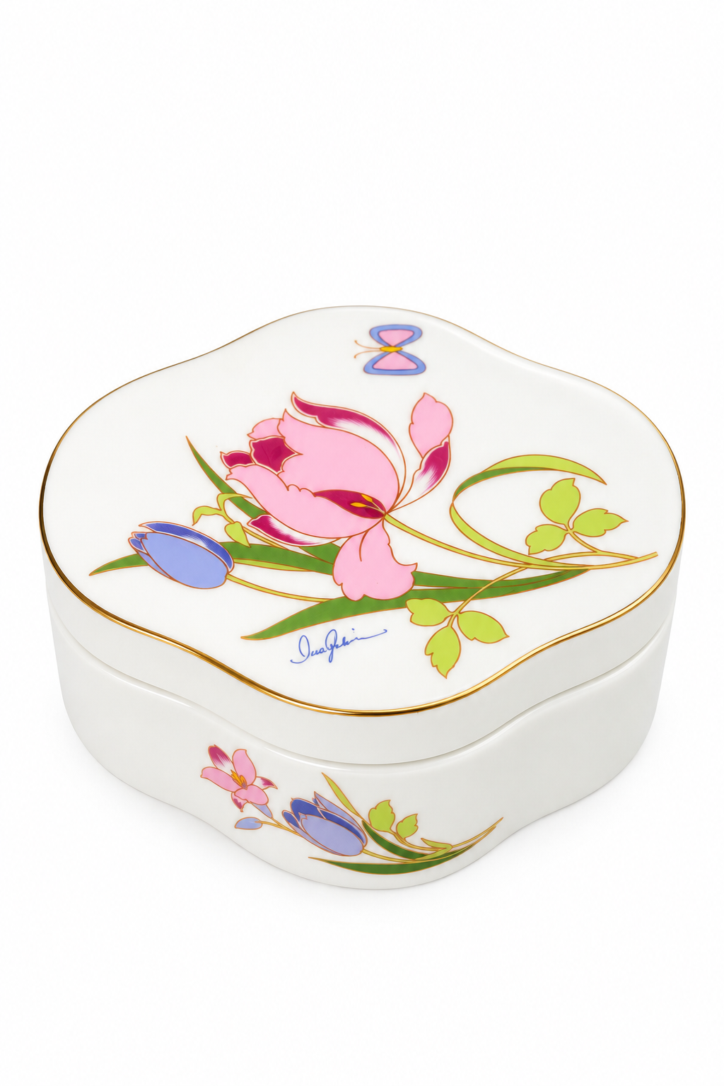 Vintage 1980s Japanese Floral Porcelain Trinket Box | Gold Trim