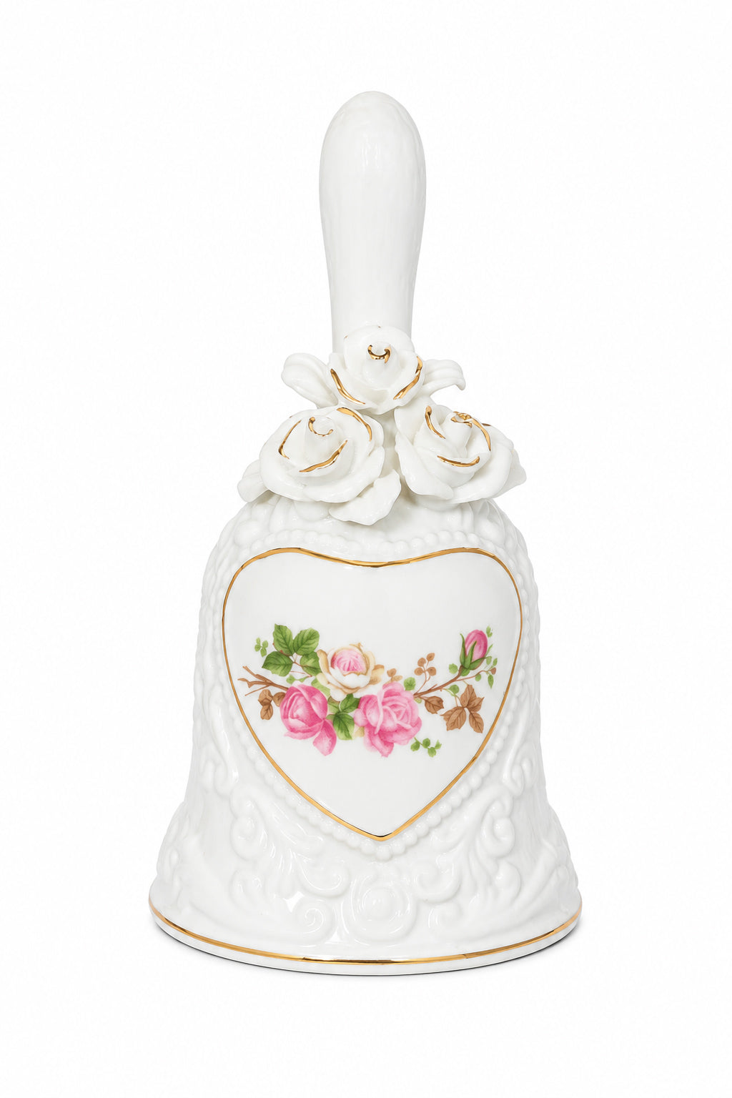 Vintage 1980s SHIAHYIH Porcelain Floral Bell | White Ceramic with Pink Roses & Gold Accents | 5” Collectible