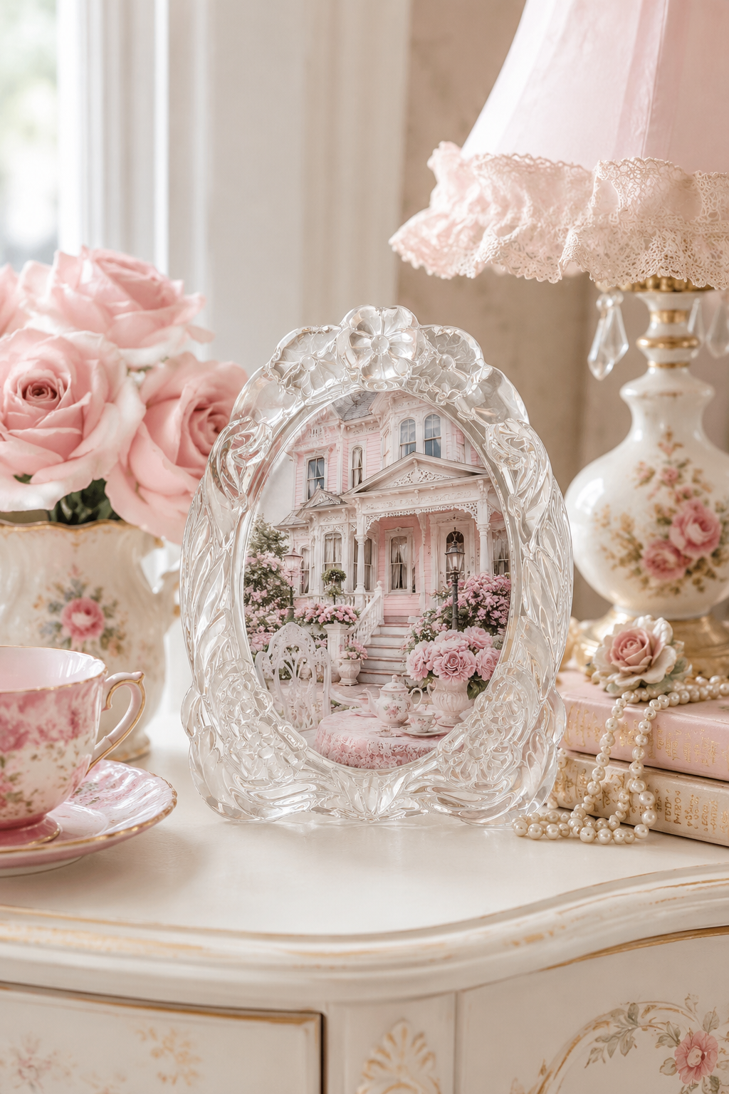 Vintage Crystal Floral Picture Frame | Elegant Oval Glass Photo Frame | Romantic Cottagecore Home Decor