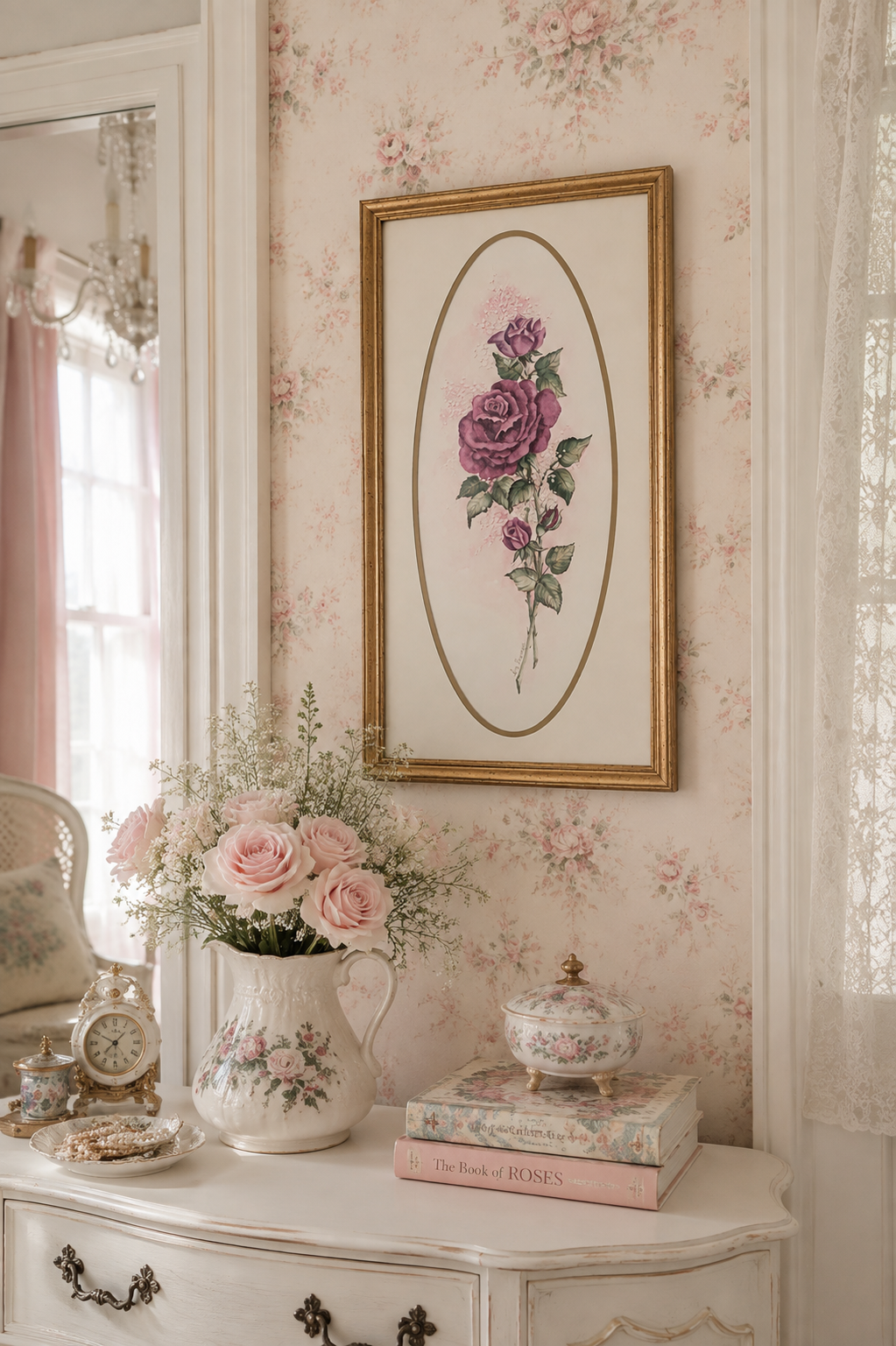 Vintage 1980s Ava Freeman Romantic Rose Floral Print – Gold Framed Pink & Purple Botanical Wall Art