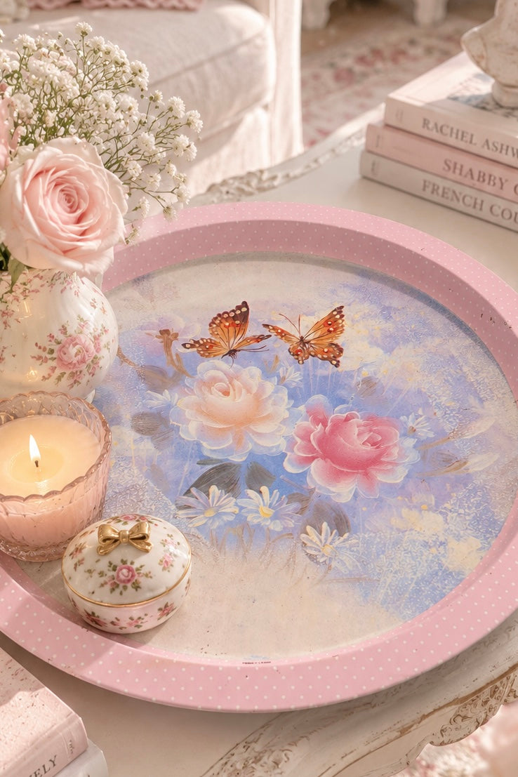 Vintage 1980s Shabby Chic Pink Polka Dot Floral & Butterfly Metal Tin Tray