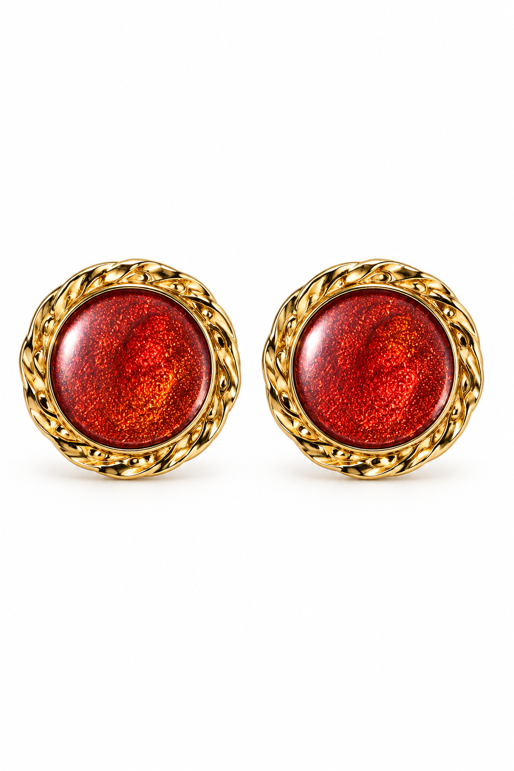 Vintage 1980s–Early 1990s Gold Tone Red Cabochon Round Button Stud Statement Earrings