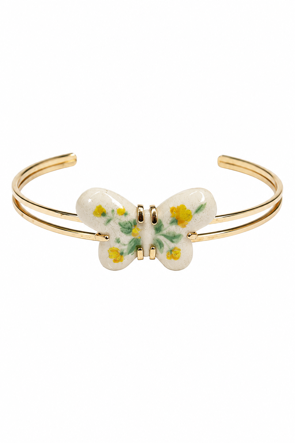 Vintage 1970s Avon Gold-Tone Butterfly Cuff Bracelet with Floral Cabochon