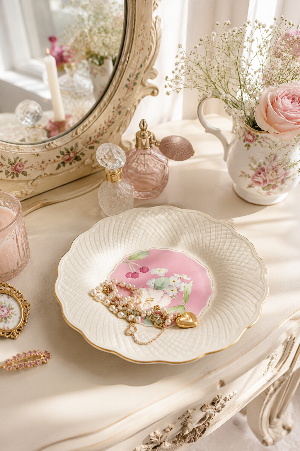 Vintage Mikasa Botanical Pink Ivory Bone China Plate | Made in Japan | Floral Vanity Jewelry Dish | Wall Décor Plate