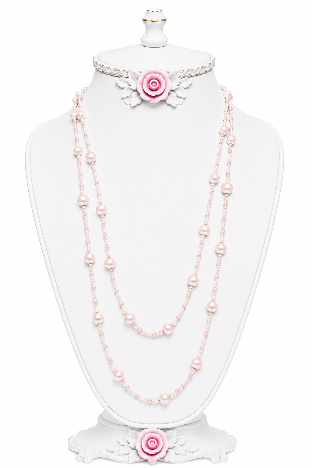 Vintage 1980s Long Pink & White Faux Pearl Station Sweater Necklace – 46”