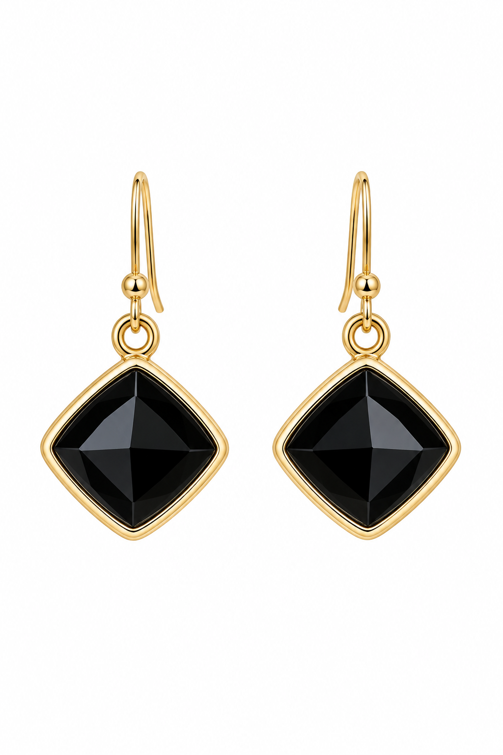 Black Faceted Geometric Gold-Tone Dangle Earrings – Vintage Inspired – 1”