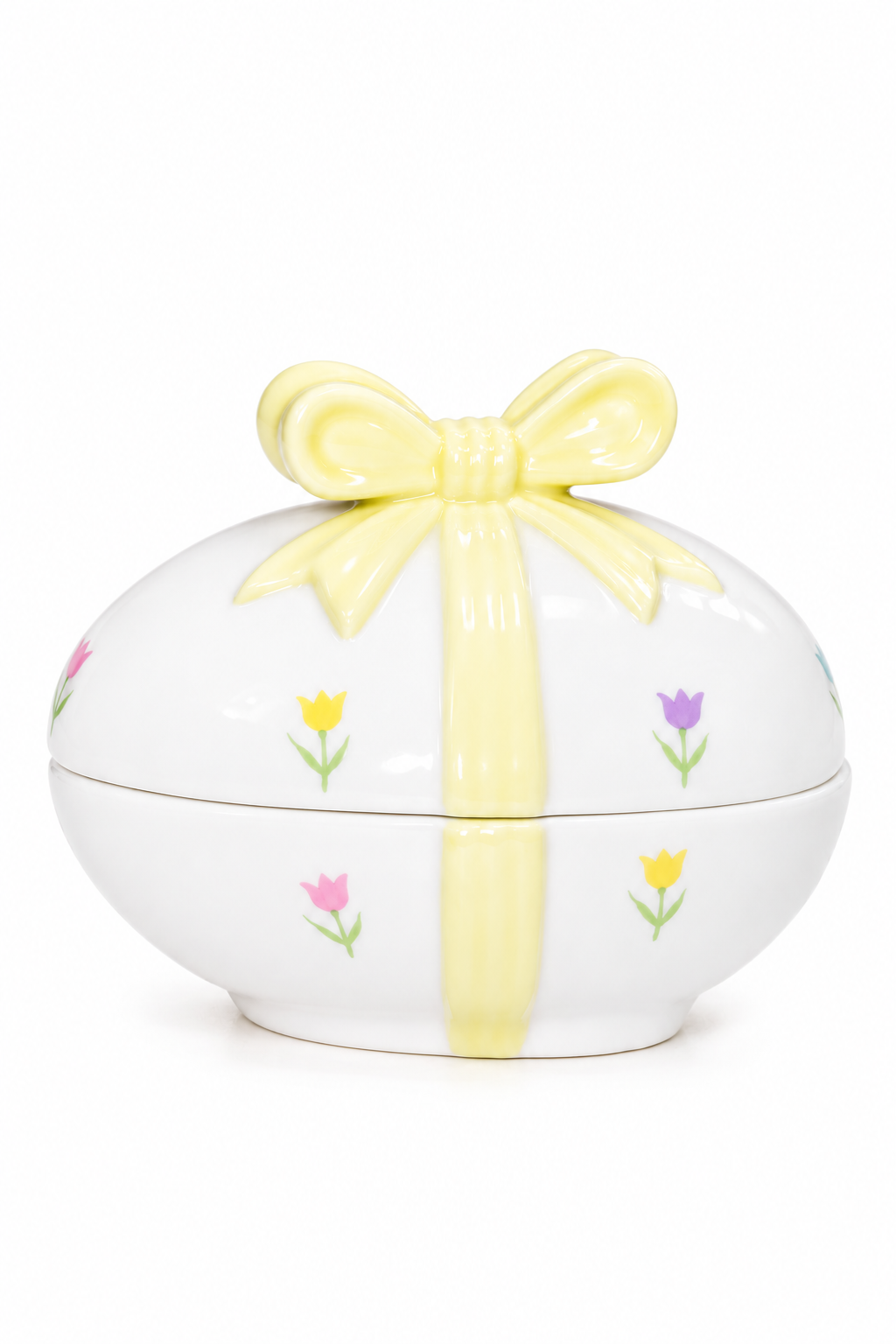 Vintage Pastel Tulip Egg Trinket Box with Yellow Bow | Dainty Keepsake Box
