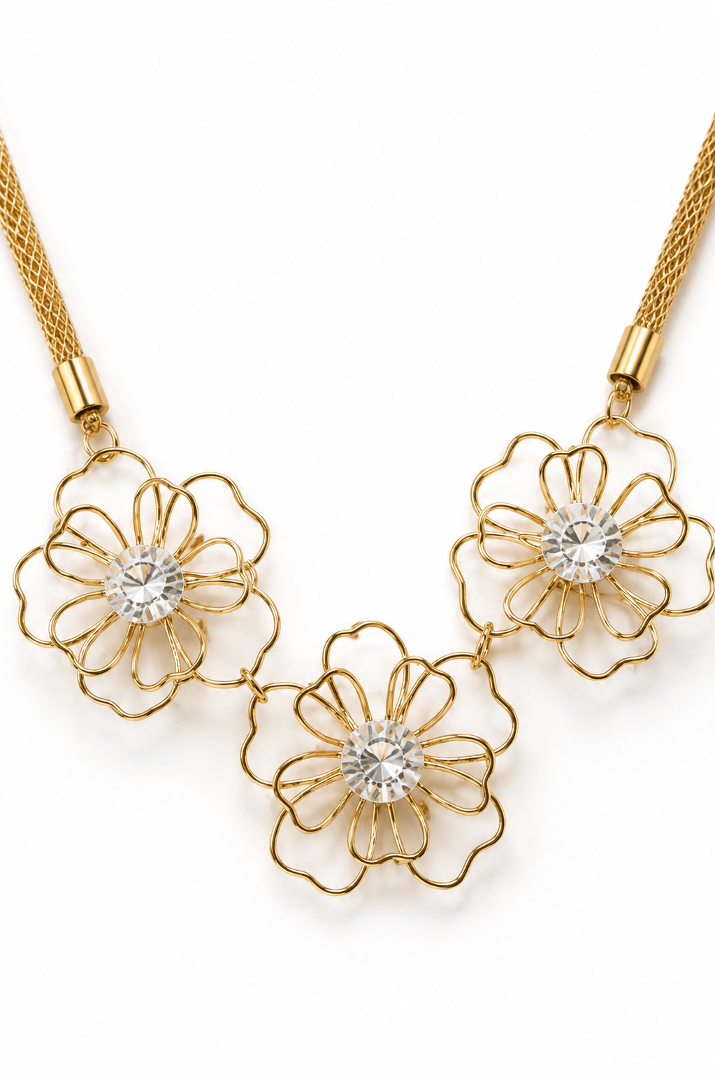 Vintage 1980s SFB Shofel Bros New York Gold-Tone Wire Flower Rhinestone Statement Necklace