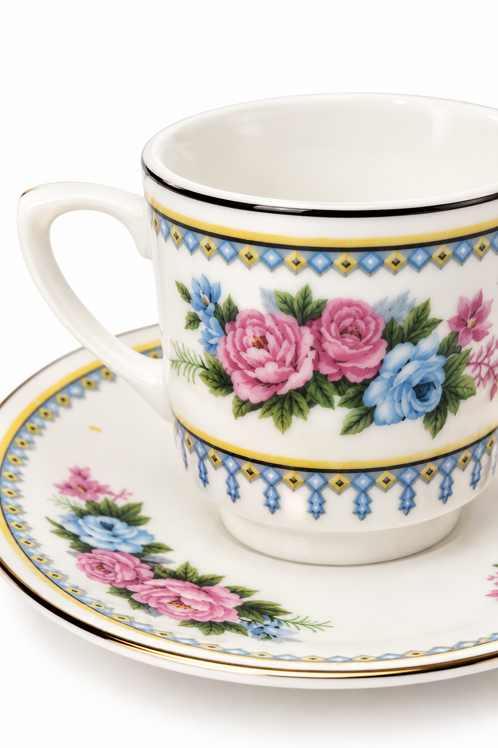Vintage 1970s–80s C. Art HK Demitasse Cup & Saucer Set | Pink & Blue Roses | Floral Espresso Cup