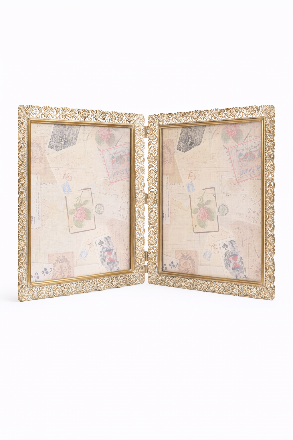 Vintage 1950s Gold Tone Double Picture Frame | Ornate Hollywood Regency Folding Frame