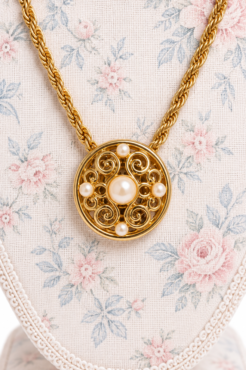 Vintage 1970s Ornate Gold-Tone Rope Chain Faux Pearl Filigree Medallion Necklace