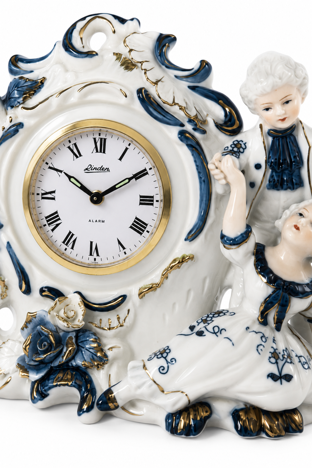 Vintage 1960s–1970s Linden Japan Porcelain Mantel Clock | Rococo Courting Couple Figurine | Display Decor