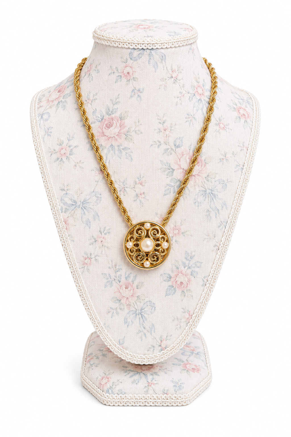 Vintage 1970s Ornate Gold-Tone Rope Chain Faux Pearl Filigree Medallion Necklace