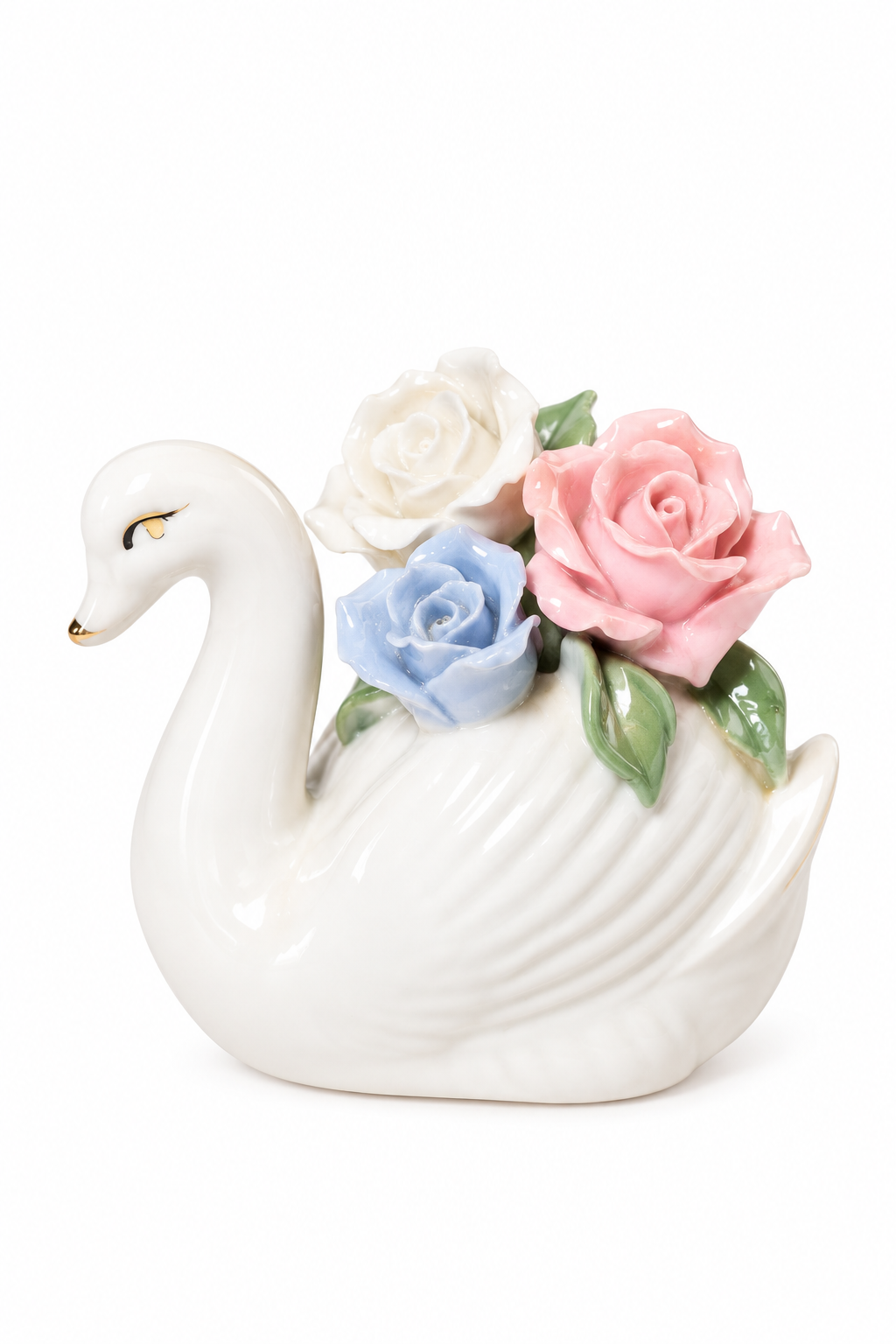 Vintage Petite Porcelain Swan Trinket Figurine with Pastel Roses – Mini Floral Swan Décor