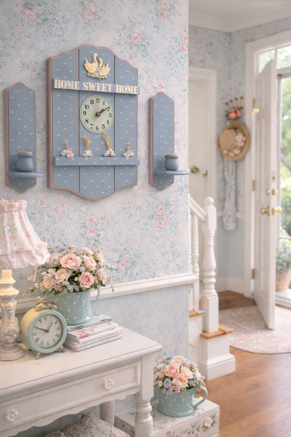 “Maison des Canards” Vintage Home Sweet Home Wall Clock & Sconce Set, 3 Piece Cottagecore Wall Décor