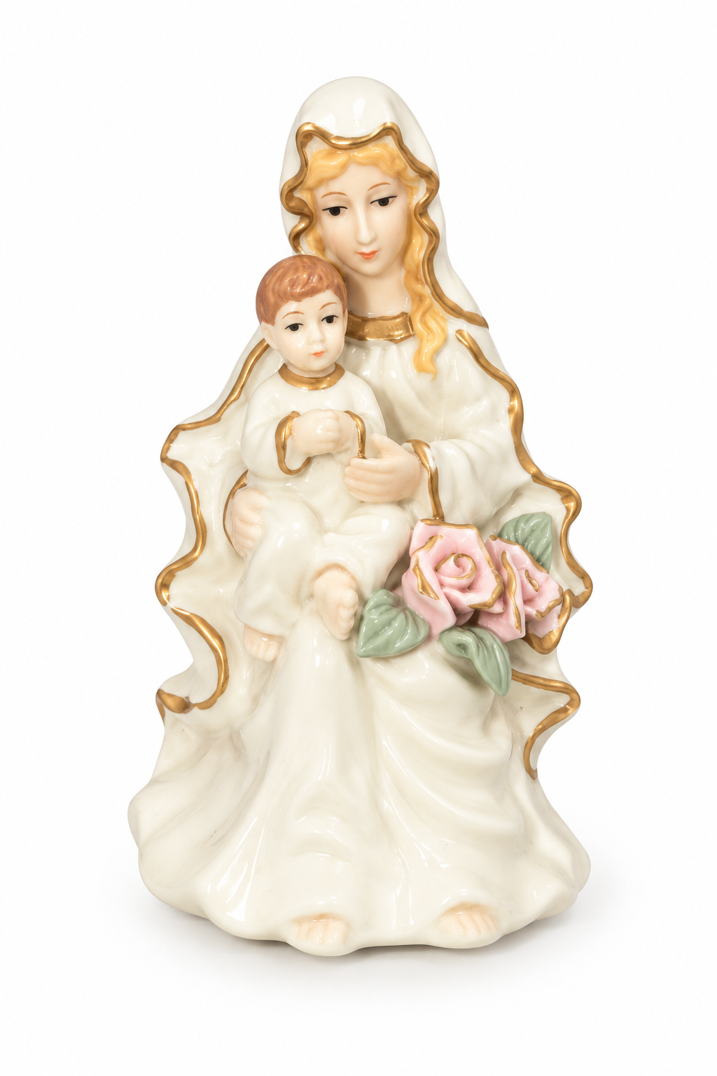 Vintage Virgin Mary & Baby Jesus Porcelain Figurine with Pink Roses & Gold Accents