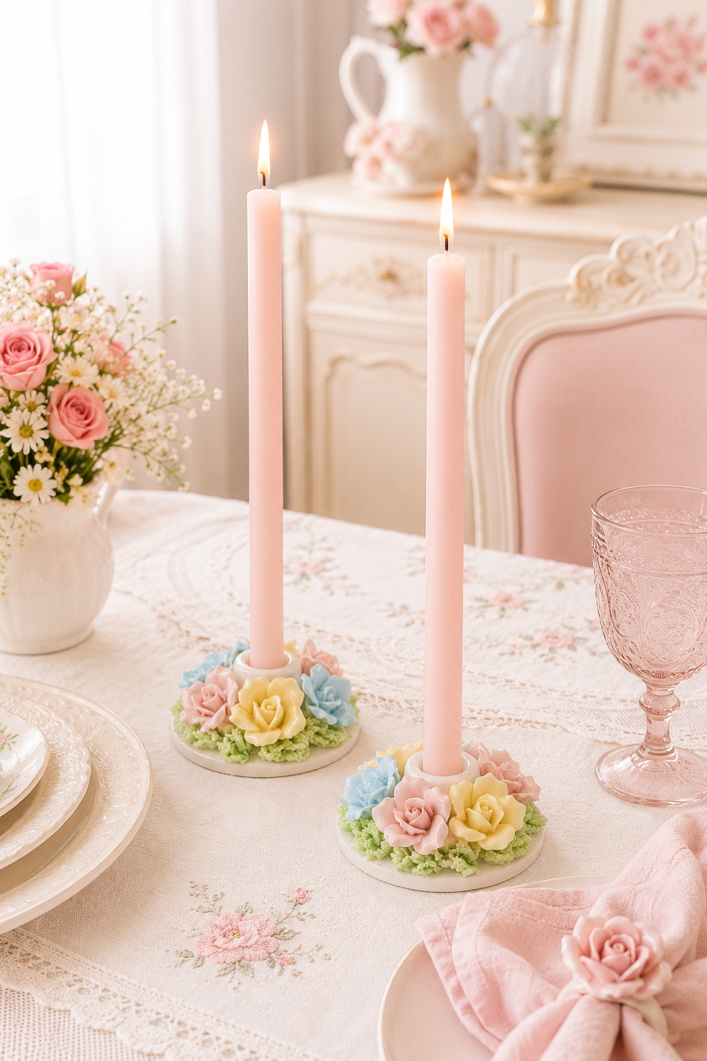 Vintage Pastel Porcelain Rose Candle Holders – Set of 2 | Cottagecore Floral Taper Candle Holders | Shabby Chic Decor