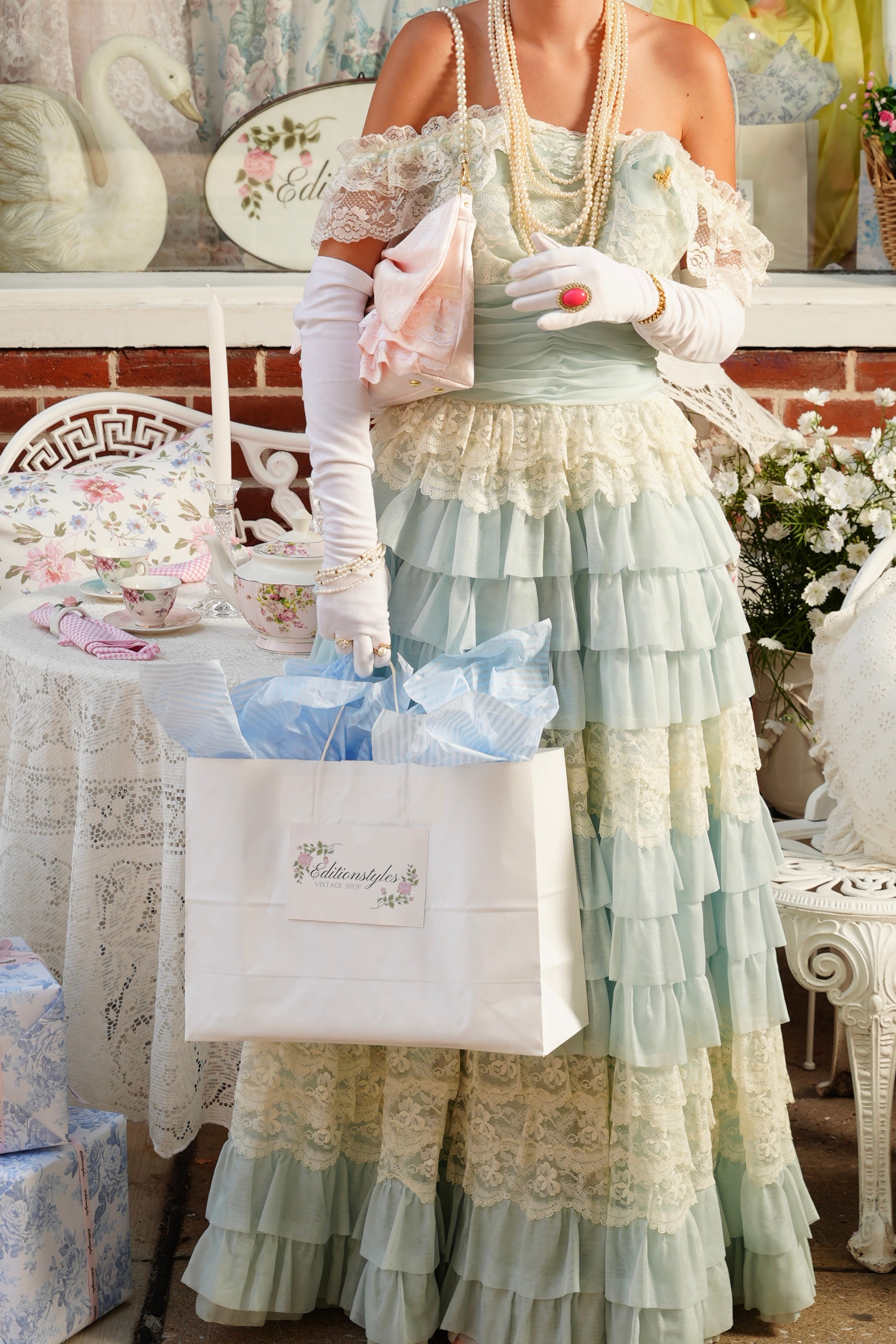 Vintage 1970s Pastel Blue Tiered Ruffle Prairie Maxi Dress Gown with Lace Trim XS/Small