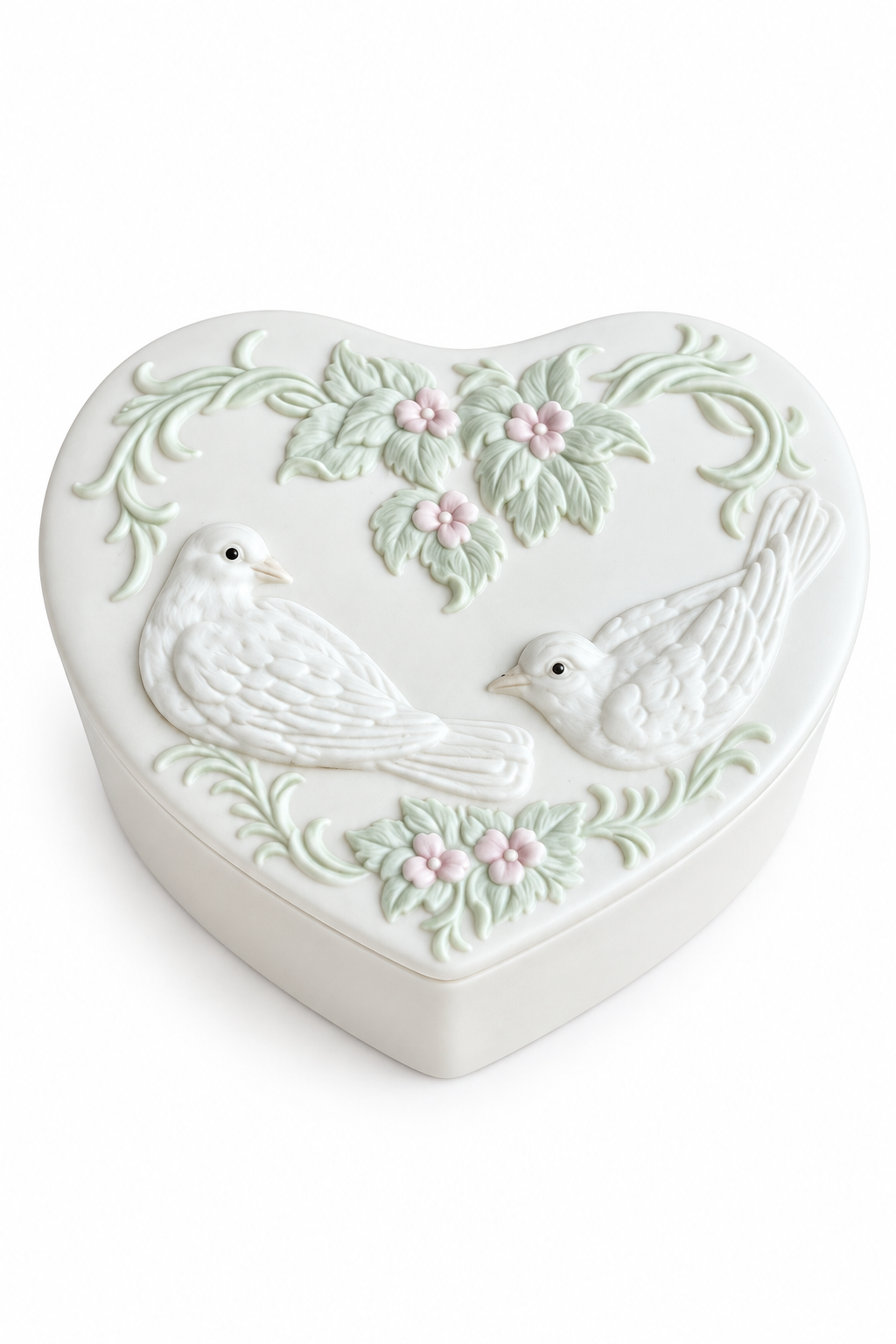 Vintage 1970s–80s Crowning Touch Japan Lovebirds Heart Jewelry Box | White Bisque Porcelain