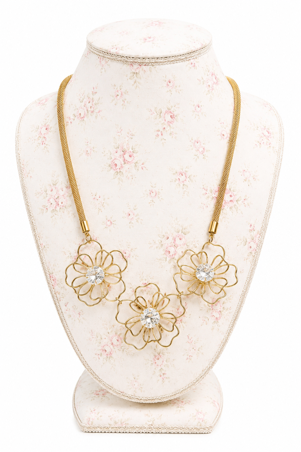 Vintage 1980s SFB Shofel Bros New York Gold-Tone Wire Flower Rhinestone Statement Necklace