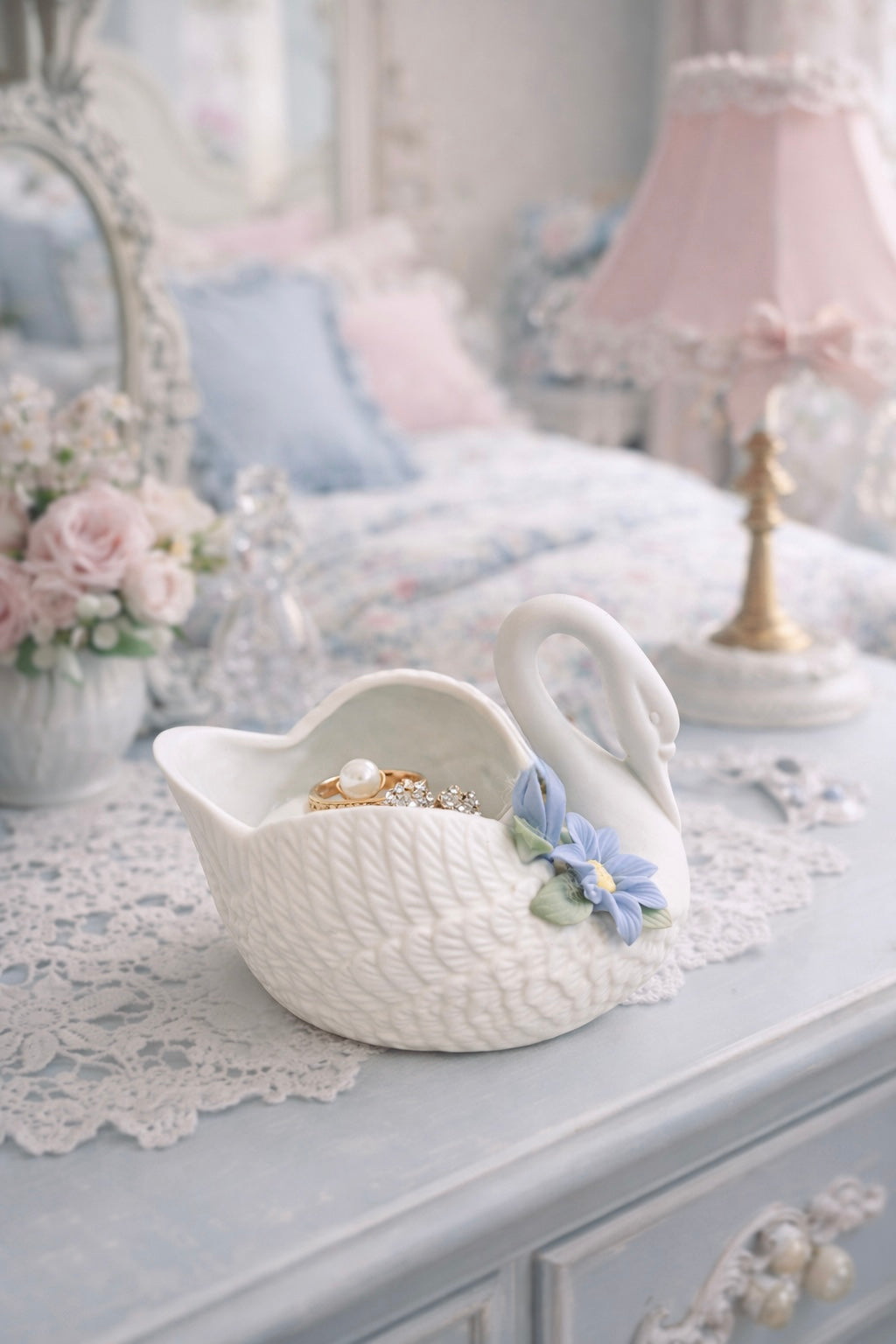 Vintage Porcelain Swan Trinket Dish with Blue Flowers | Decorative Swan Bowl