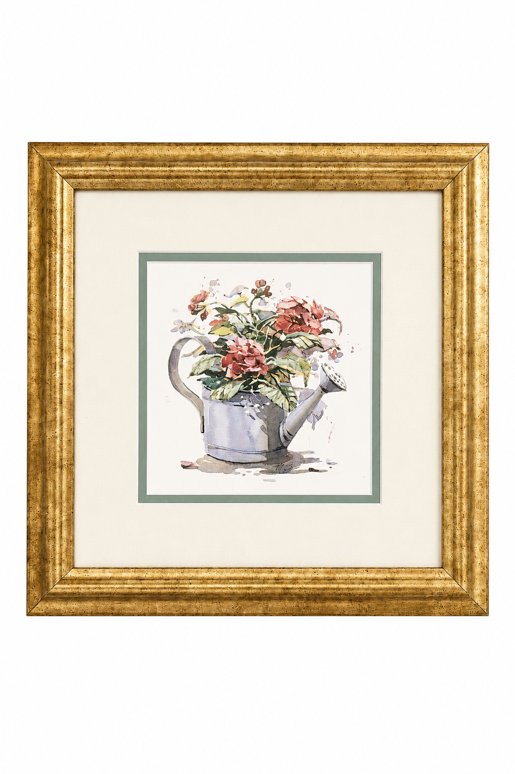 Vintage Floral Watering Can Art Print in Gold Frame | Cottagecore Botanical Wall Decor | Shabby Chic Framed Artwork