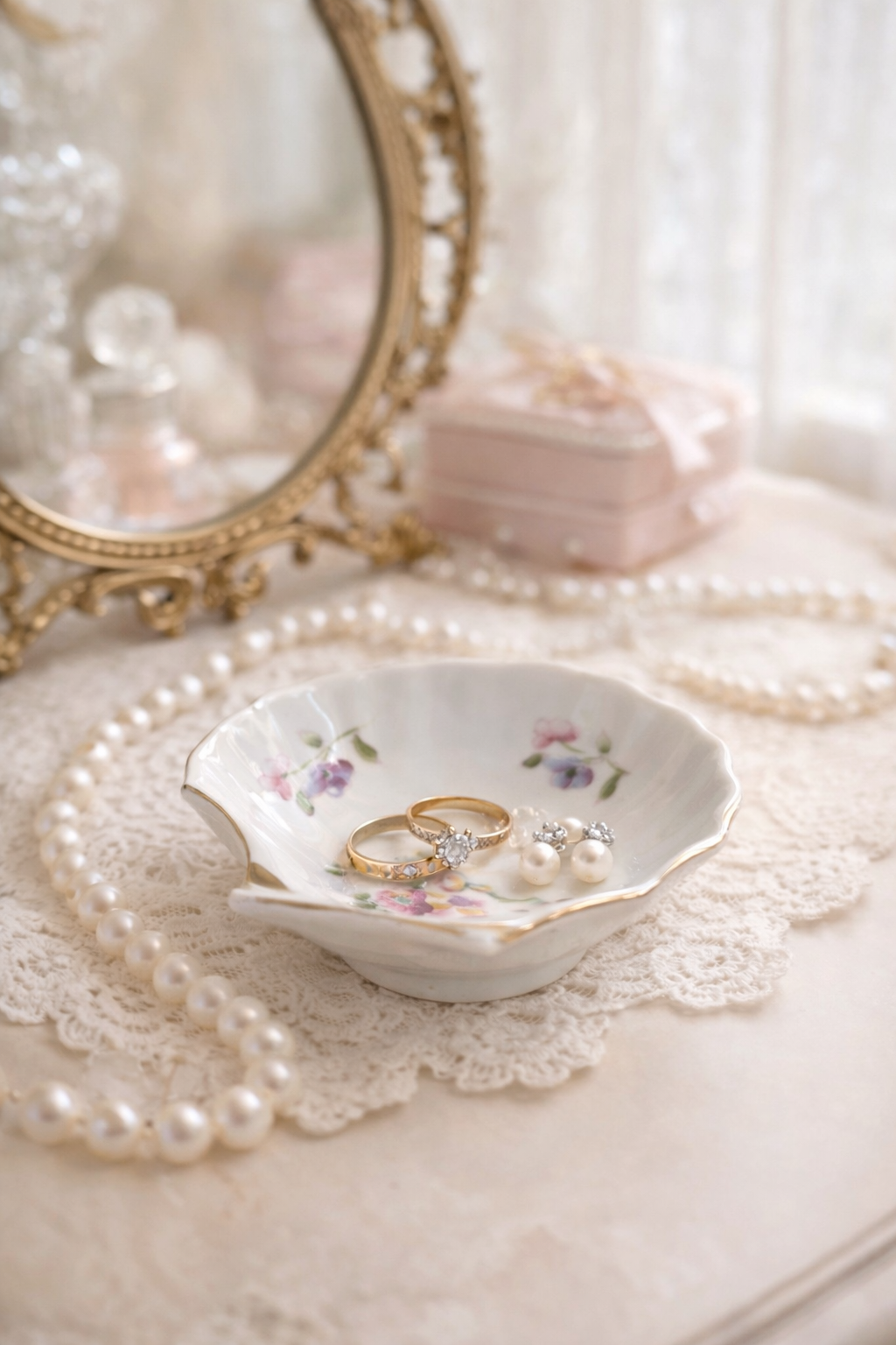 Delicate Floral Shell Jewelry Dish / Ring Holder | Vanity Trinket Plate