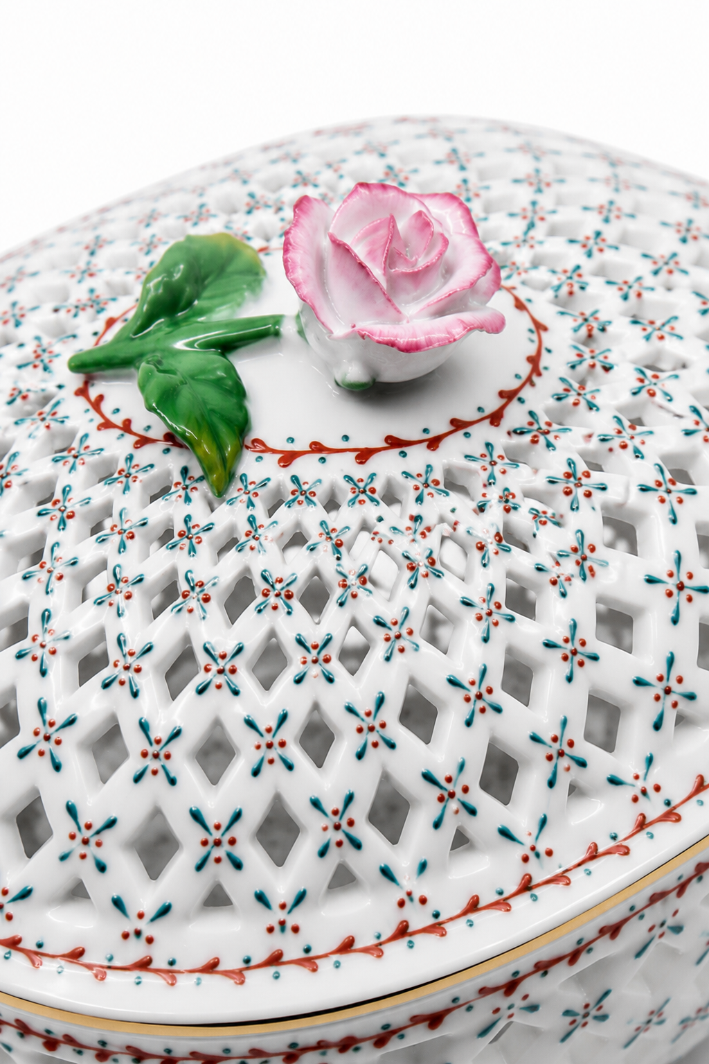 Vintage 1990s Royal Danube Reticulated Porcelain Lidded Trinket Box with Rose Finial