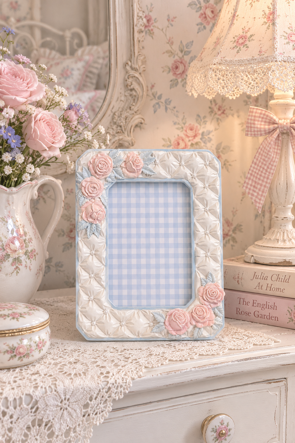 1980s Vintage Pastel Rose Resin Picture Frame – Faux Pearl Tufted Floral 3x5 Photo Holder