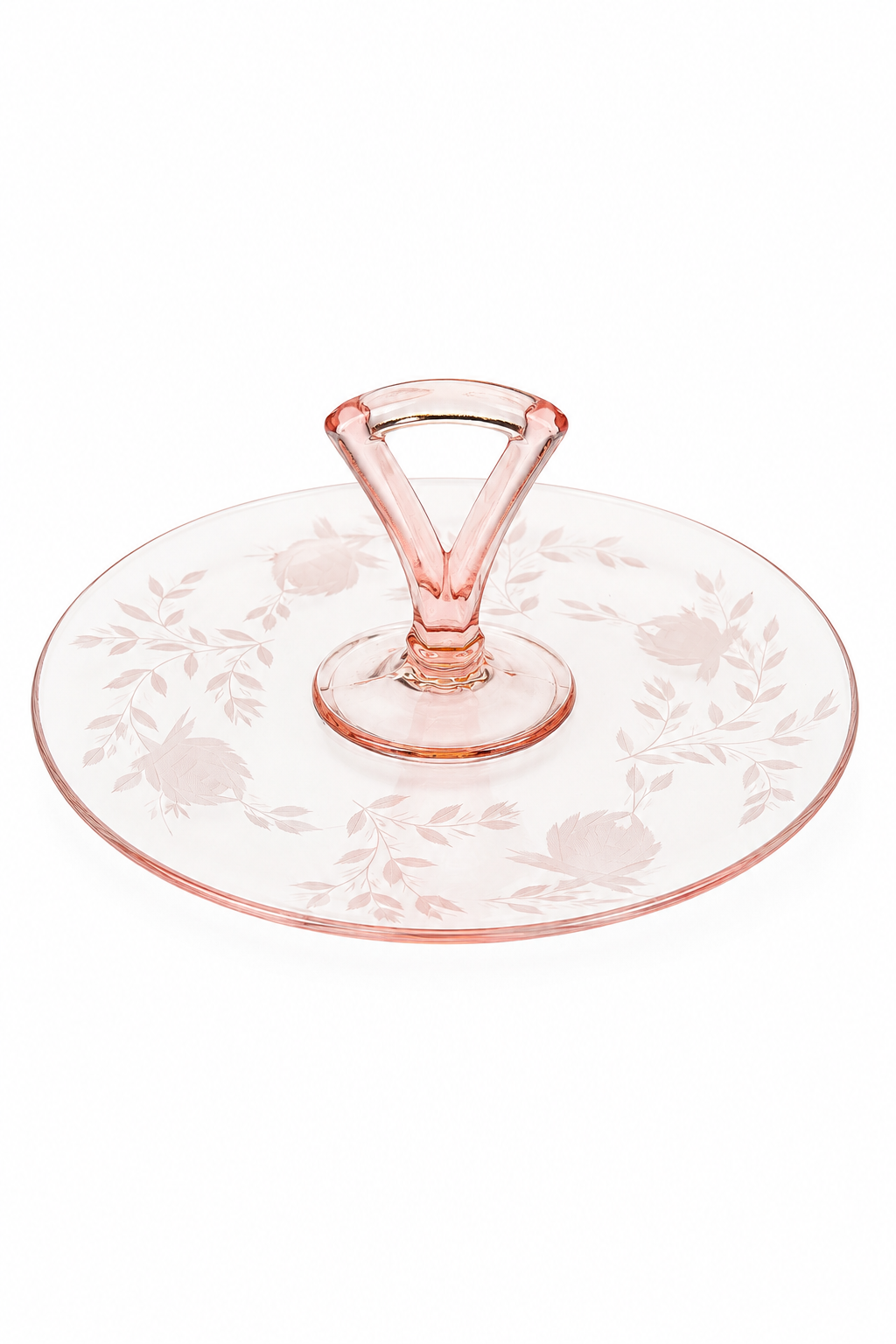 Vintage Pink Depression Glass Handled Serving Tray | Etched Floral Glass Platter | 1930s-50s Elegant Display Plate