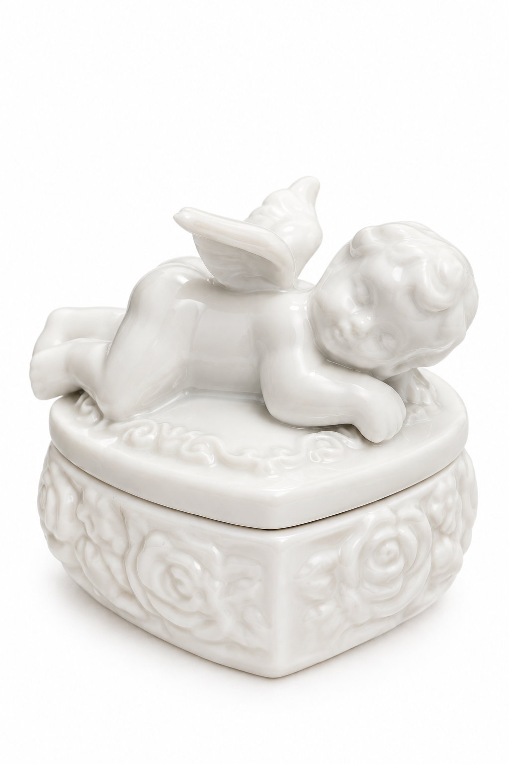 Vintage White Porcelain Heart-Shaped Angel Cherub Trinket Box