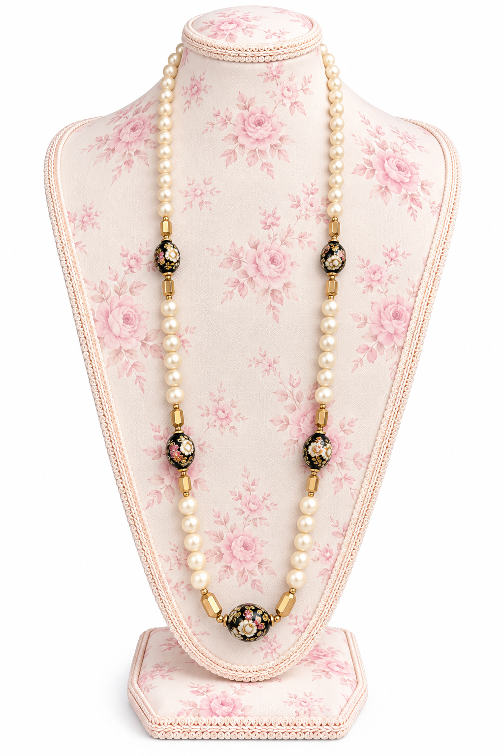 Vintage 1960s–1970s Japan Floral Faux Pearl Long Beaded Necklace |  Romantic Statement Jewelry