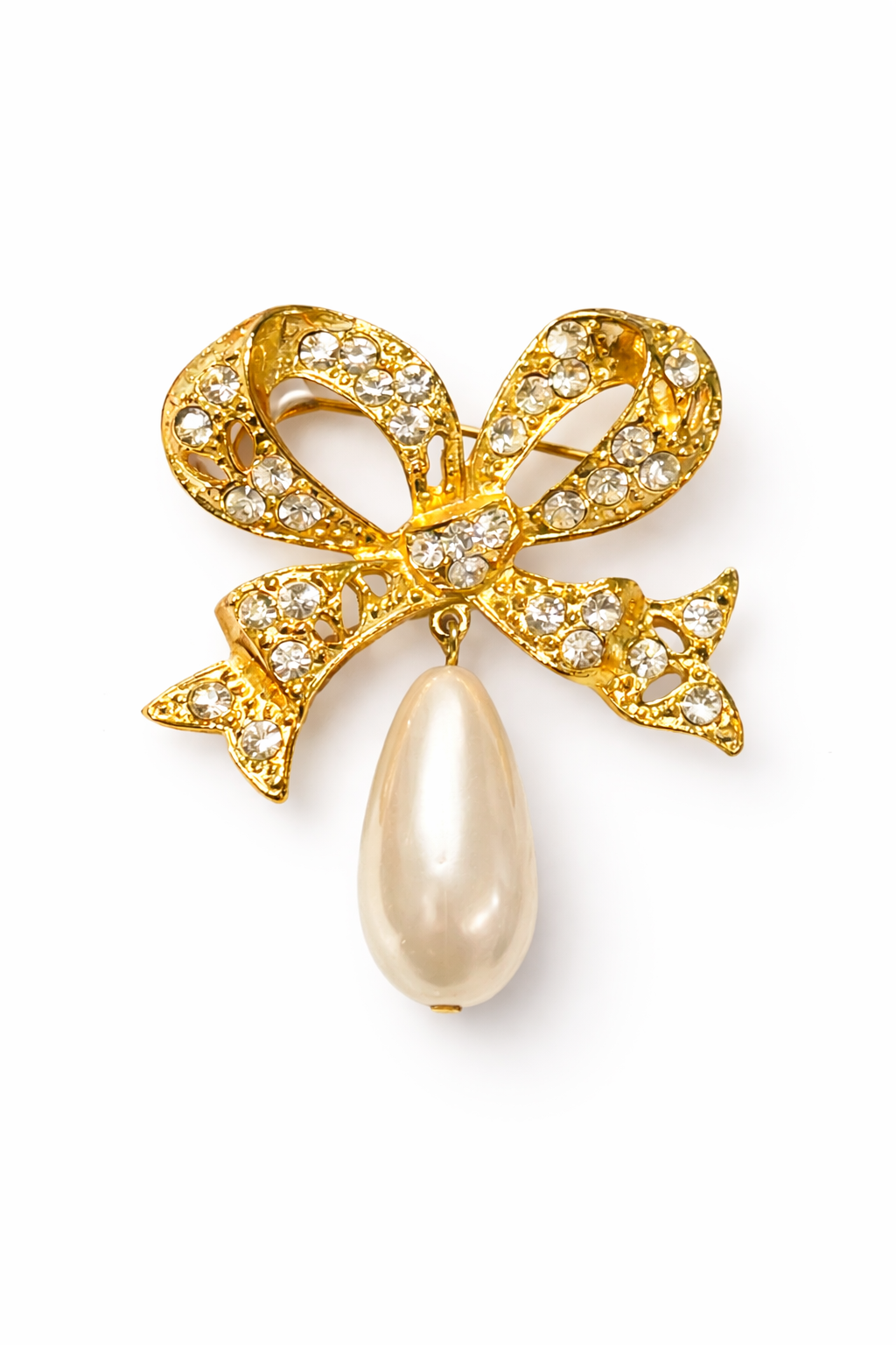 Vintage Gold-Tone Bow Brooch/Pin with Pearl Drop & Rhinestones