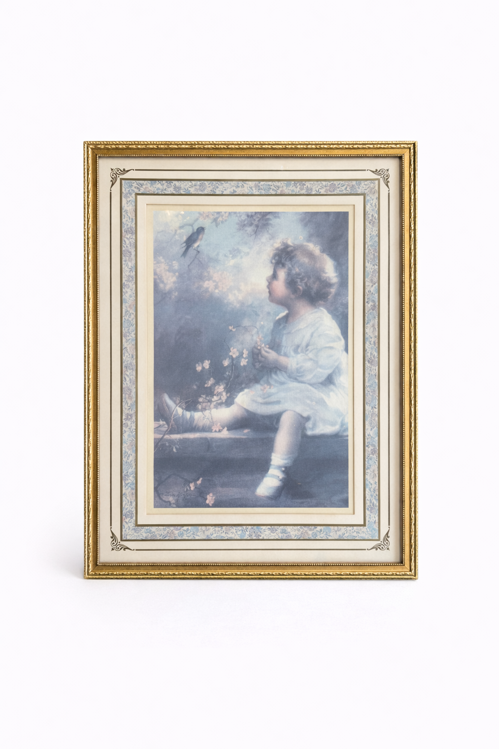 Vintage “Song of the Bluebird” Framed Art Print (1980s) | Home Interiors, Cottagecore Child Portrait, Gold Frame