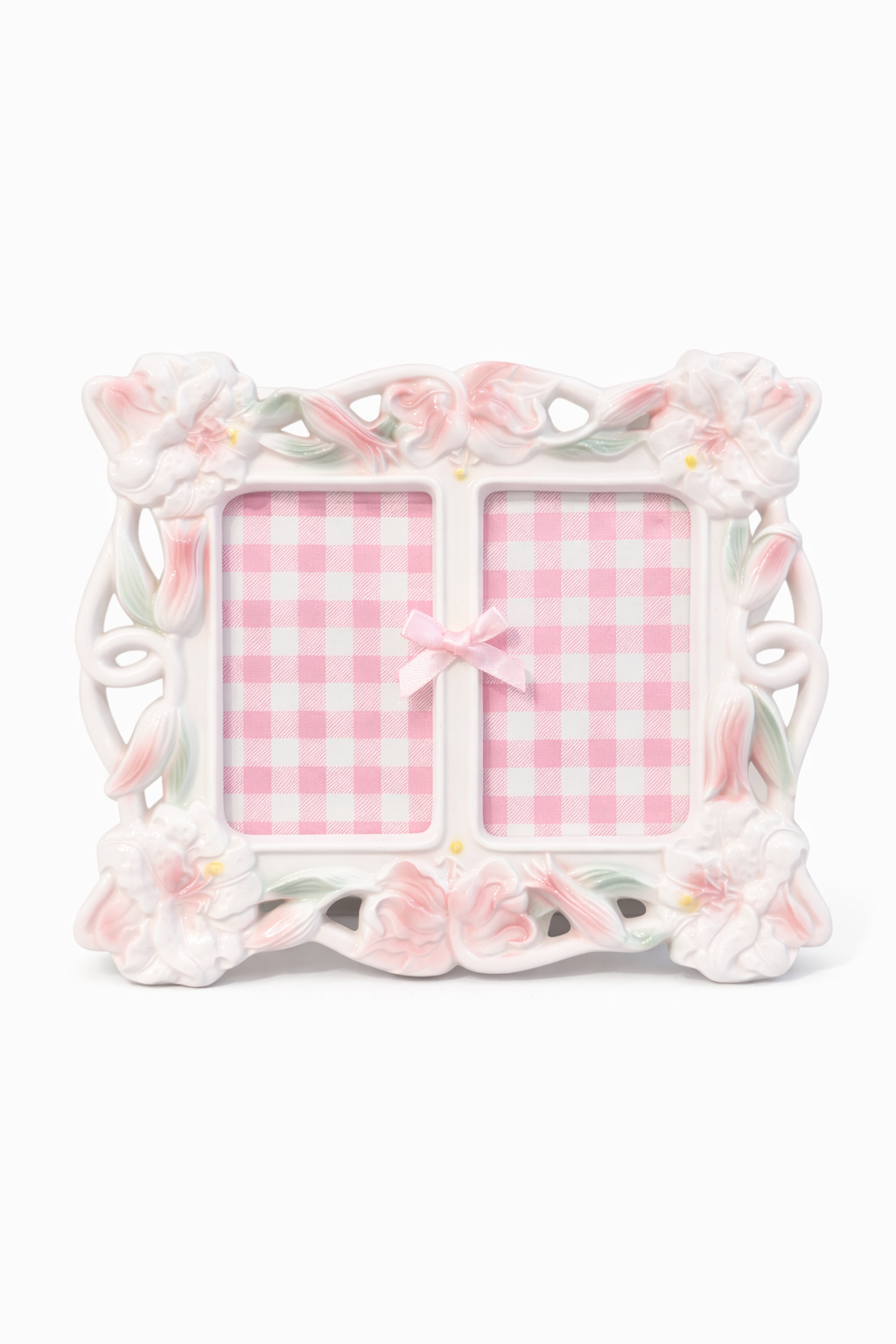 Vintage Floral Double Picture Frame with Pink Bow | Romantic Cottage Style Display