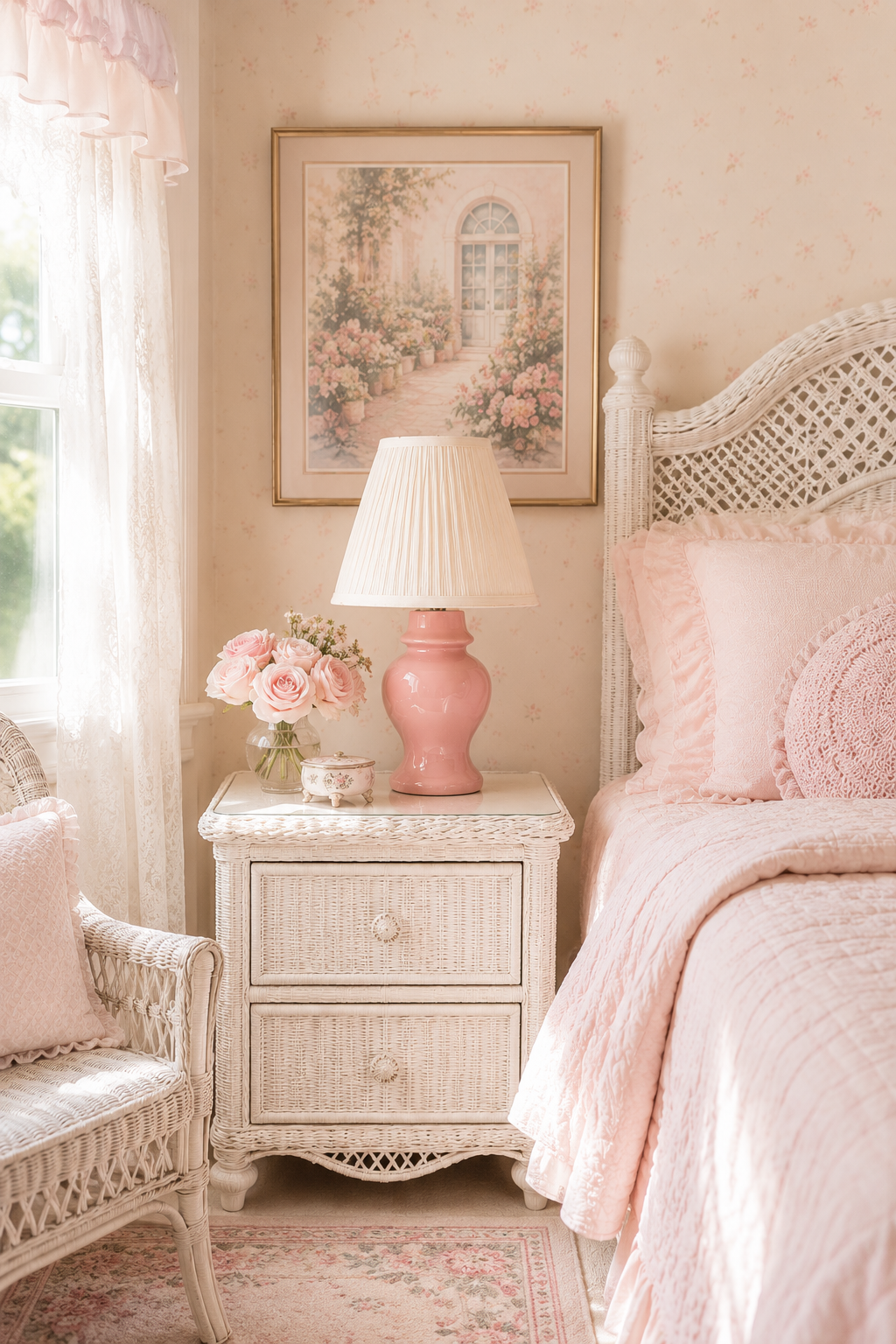 Vintage 1980s Blush Pink Ceramic Table Lamps with Cream Pleated Shades | Set of 2