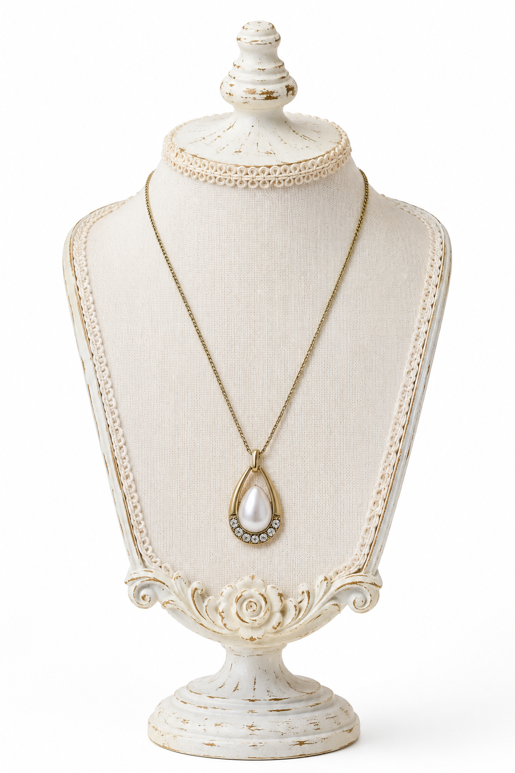Vintage Gold Tone Faux Pearl Teardrop Pendant Necklace | Rhinestone Accent Necklace | Romantic Classic Statement Jewelry