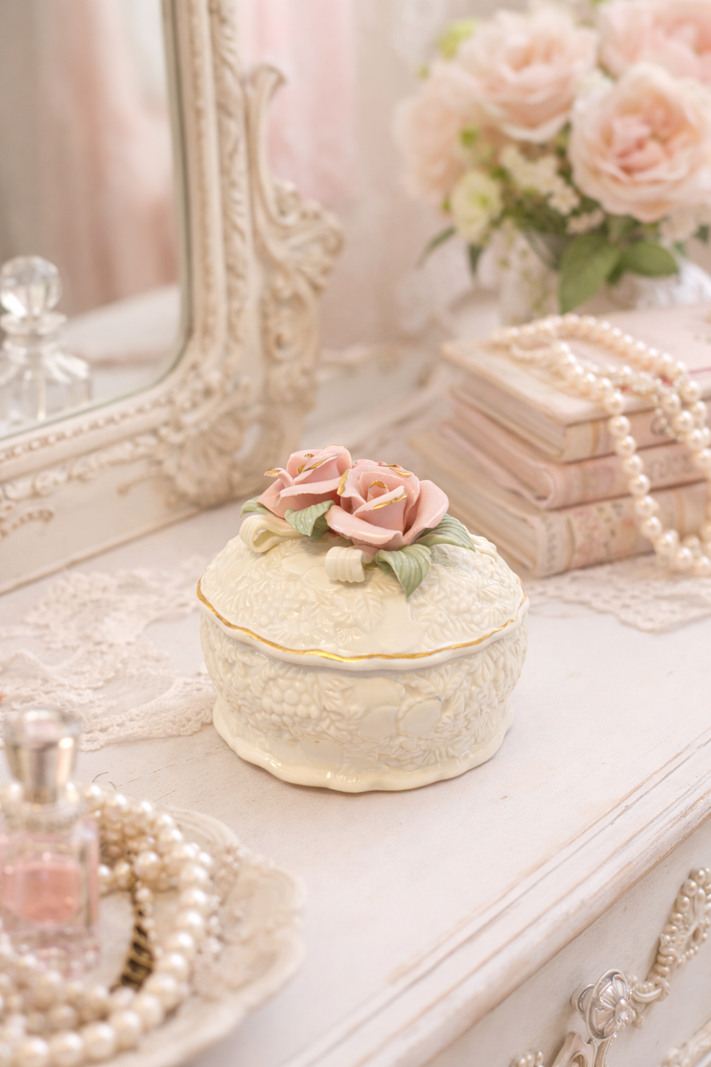 Vintage Porcelain Rose Trinket Box with Lid | Floral Vanity Keepsake Box