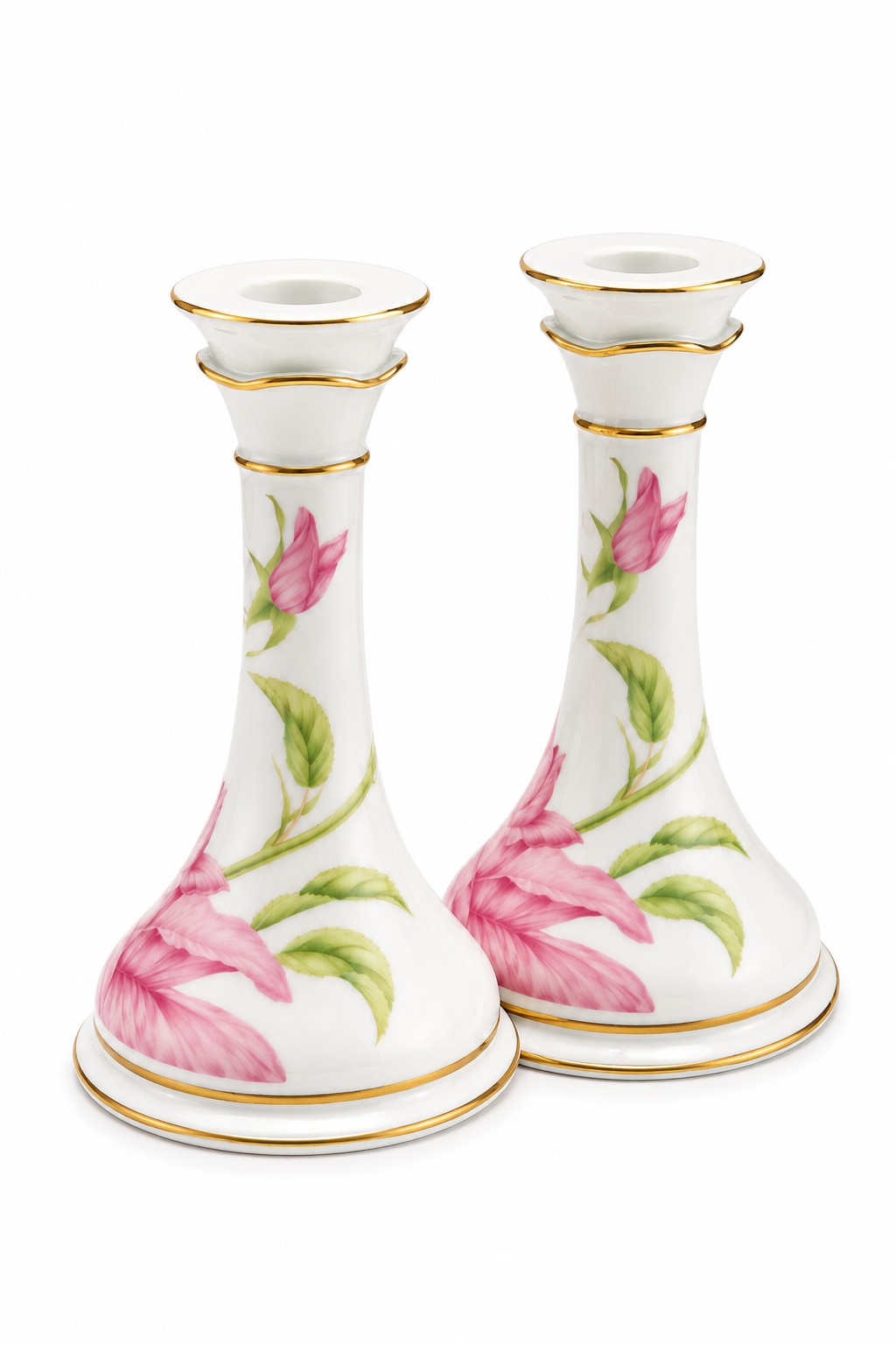 1987 Franklin Mint Givenchy Rose Fine Porcelain Candlestick Holders – Set of 2 | 22K Gold Trim | Made in Japan