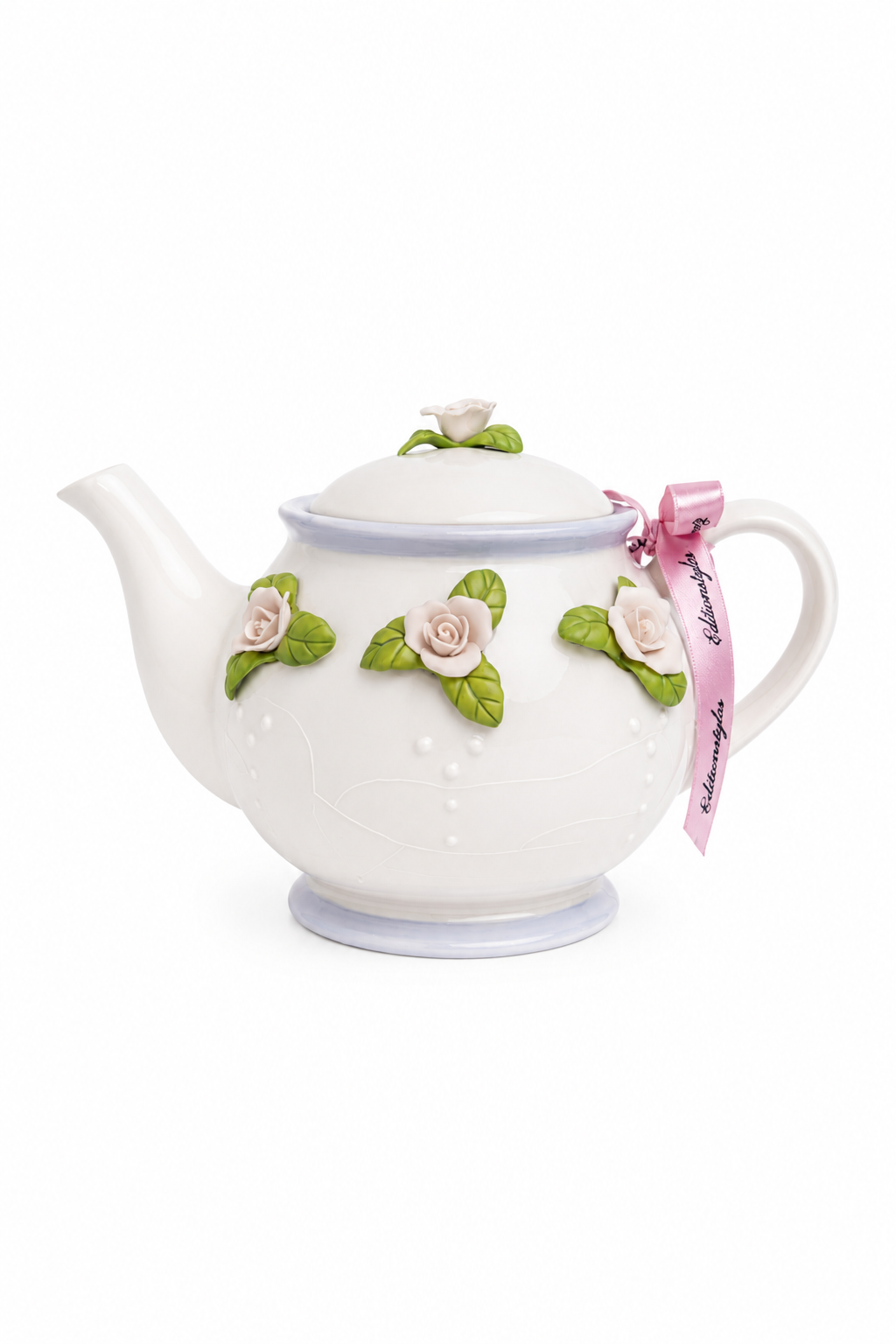 Vintage Teleflora Ceramic Teapot | White with Blue Trim & Raised Pink Roses | Cottage Floral Tea Pot