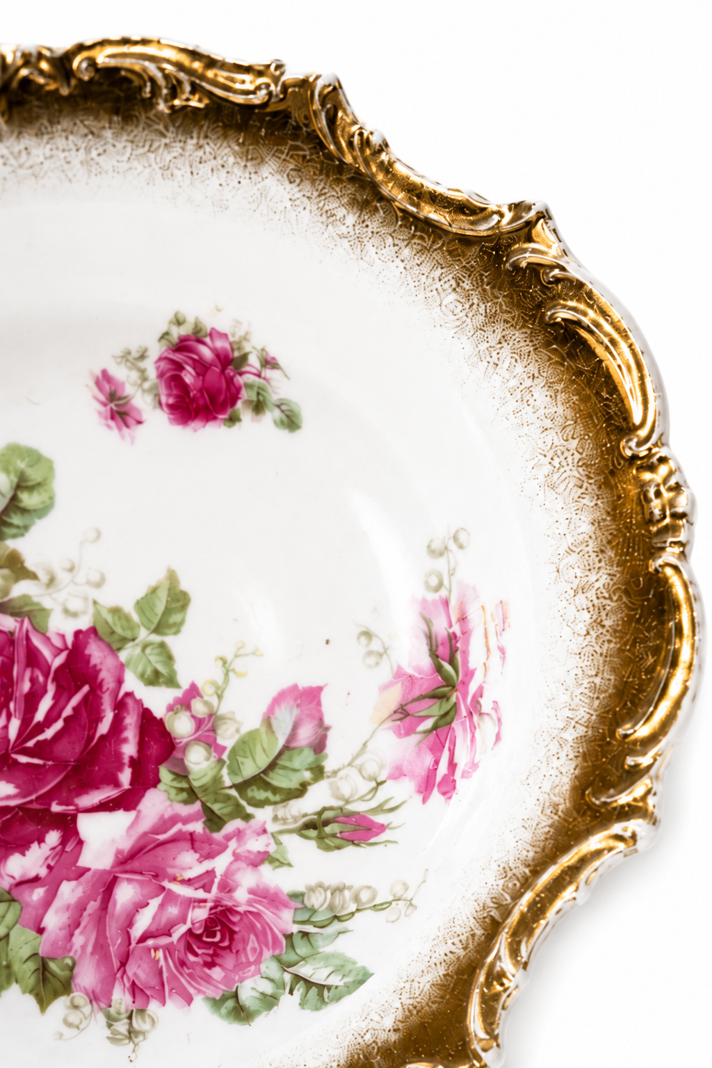 Vintage Rose Porcelain Bowl Plate with Ornate Gold Rim | Romantic Cottagecore Vanity Dish