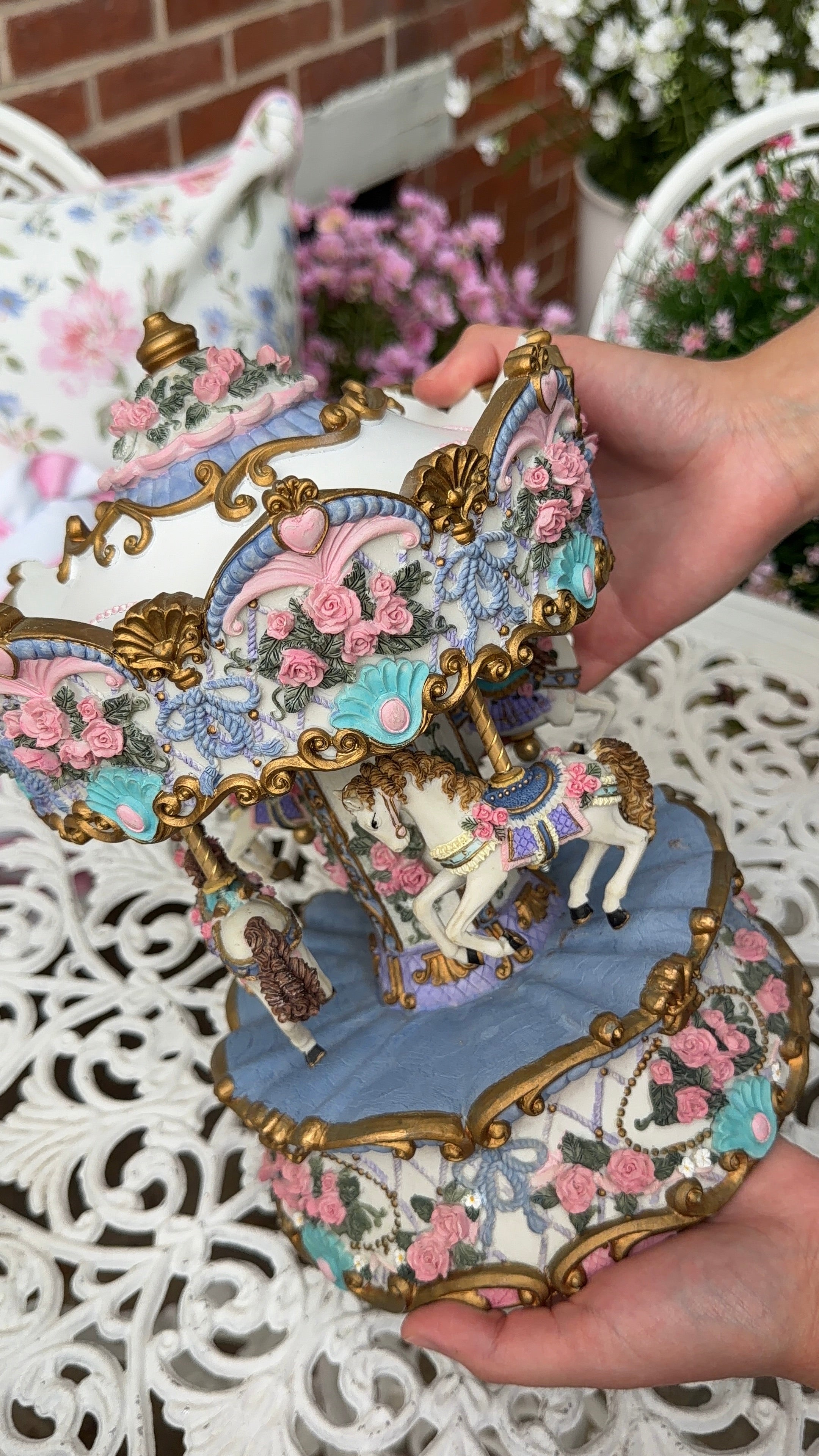 RARE Vintage Floral Blue Carousel – Large Decorative Display Piece *BROKEN* Display ONlY!